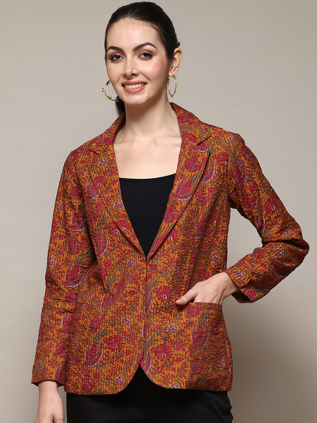 Biba Floral Printed Cuban Collar Open Front Jacket