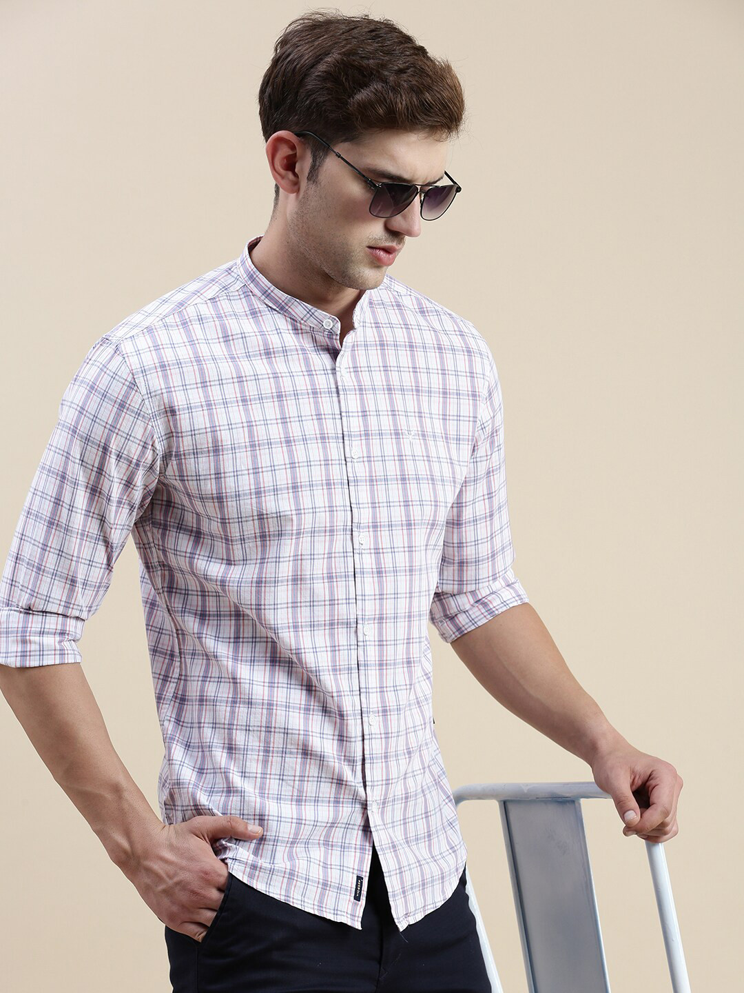 SHOWOFFFF Standard Slim Fit Grid Tattersall Checks Cotton Casual Shirt