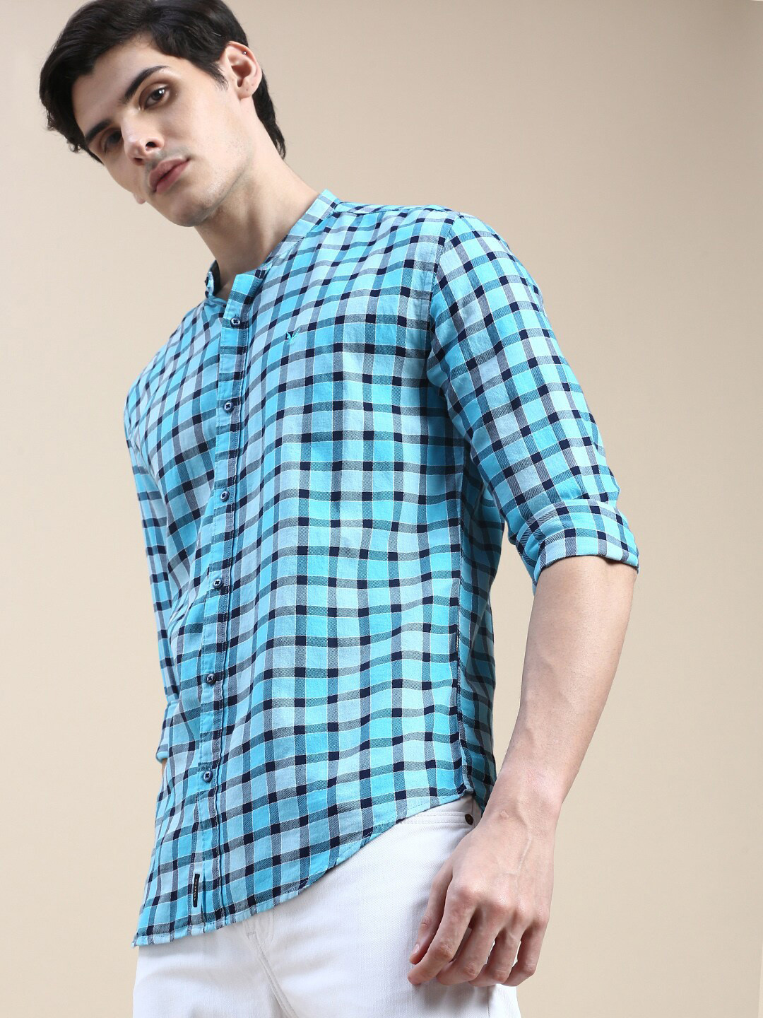 SHOWOFF Standard Buffalo Checks Checked Band Collar Slim Fit Cotton Casual Shirt
