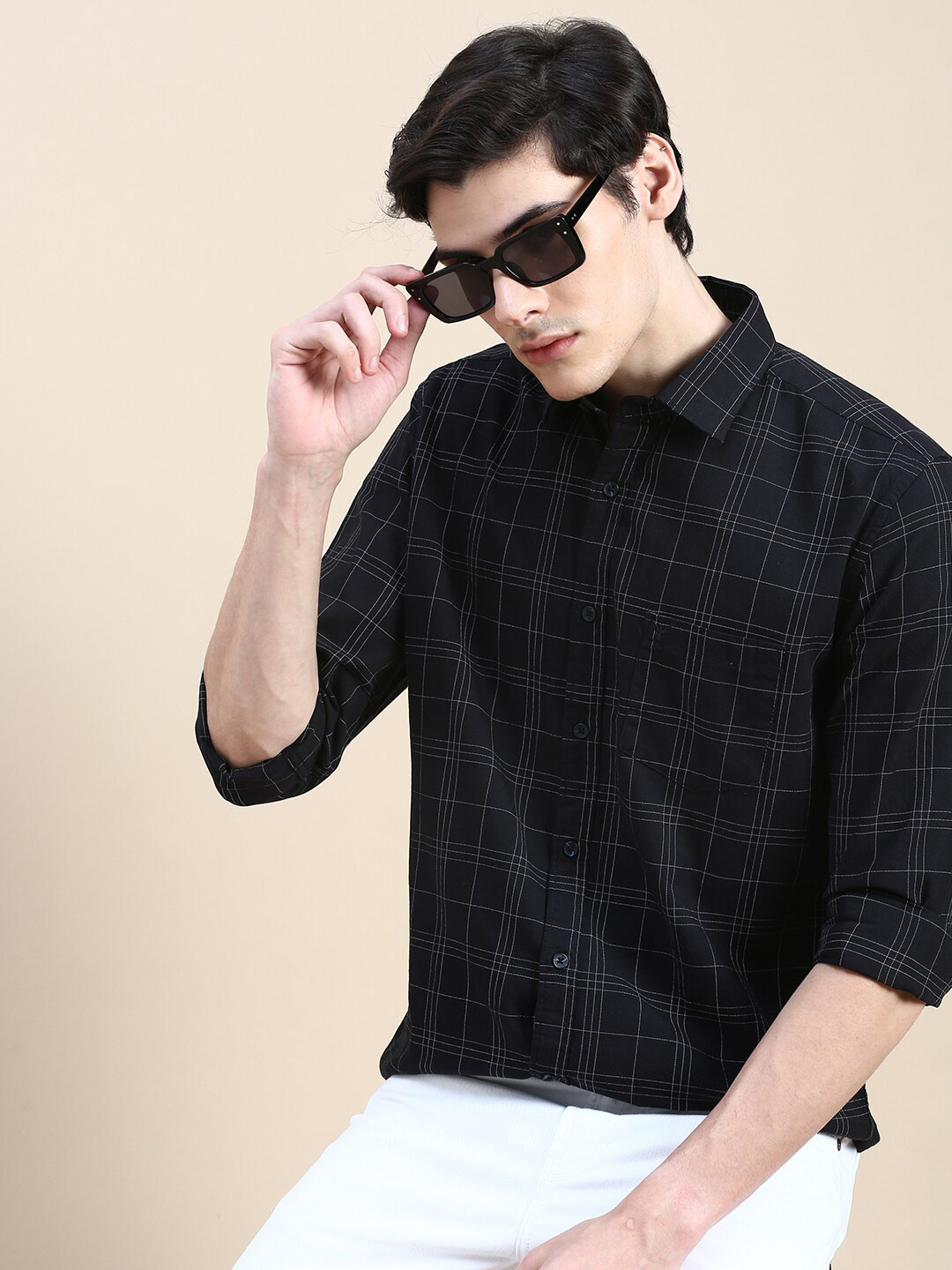 SHOWOFFFF Standard Slim Fit Tartan Checks Opaque Checked Cotton Casual Shirt