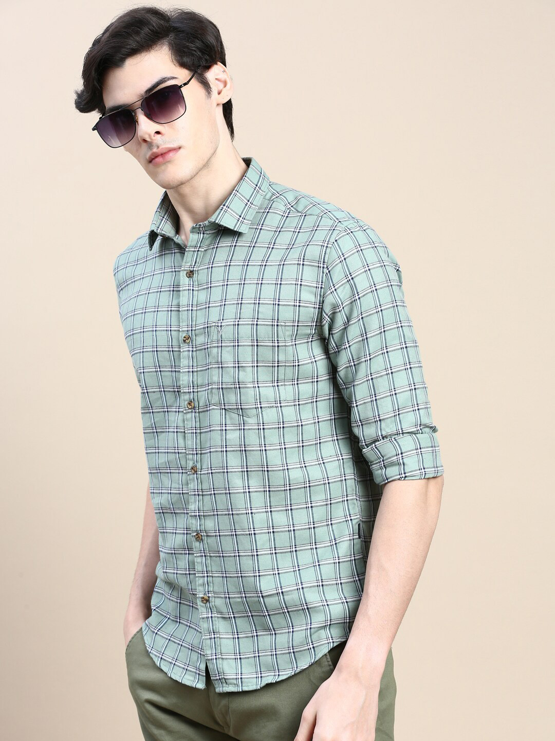 SHOWOFFFF Standard Slim Fit Tartan Checked Cotton Casual Shirt