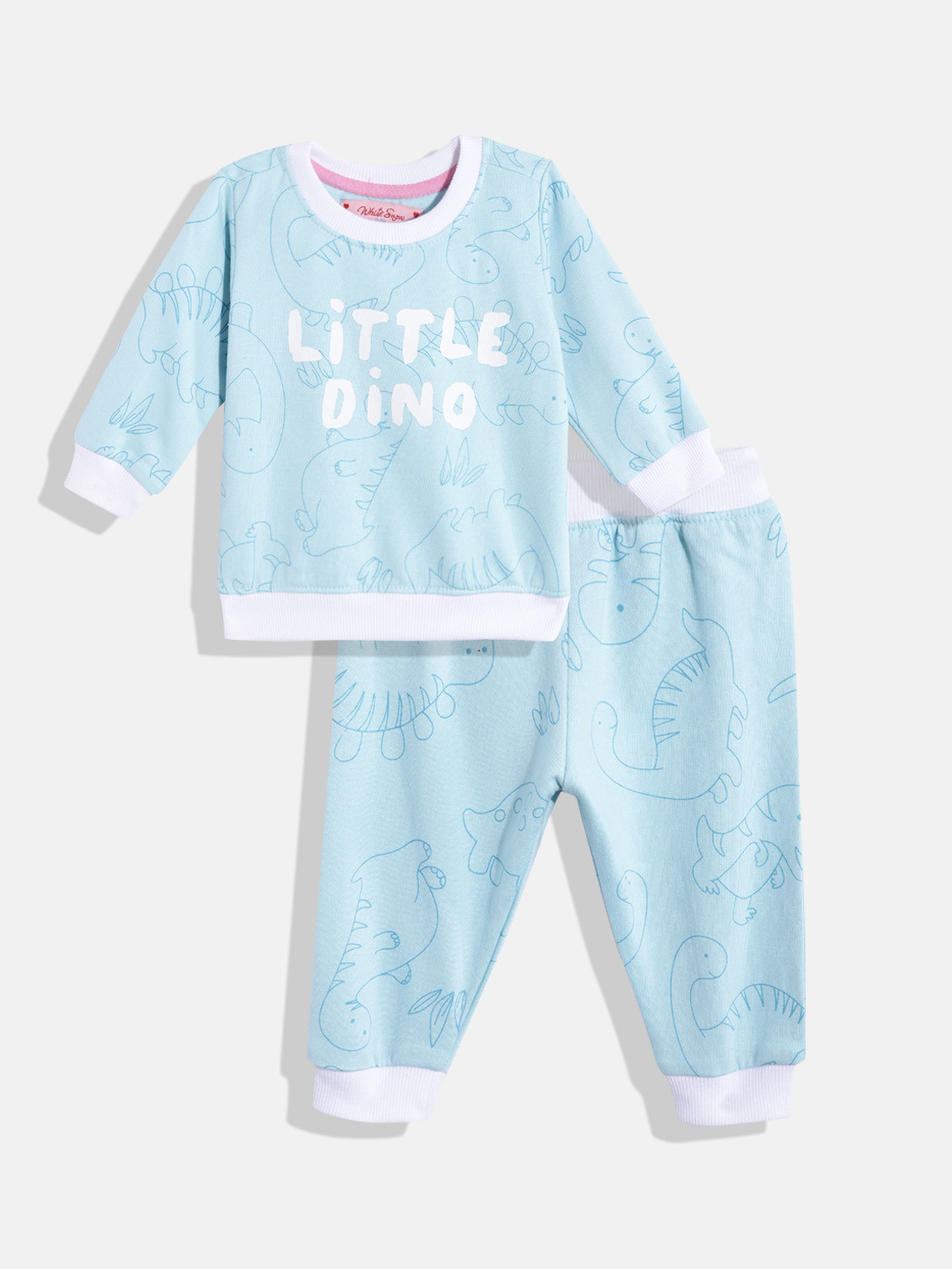 White Snow Kids Little Dino Printed Sweatshirt with Joggers