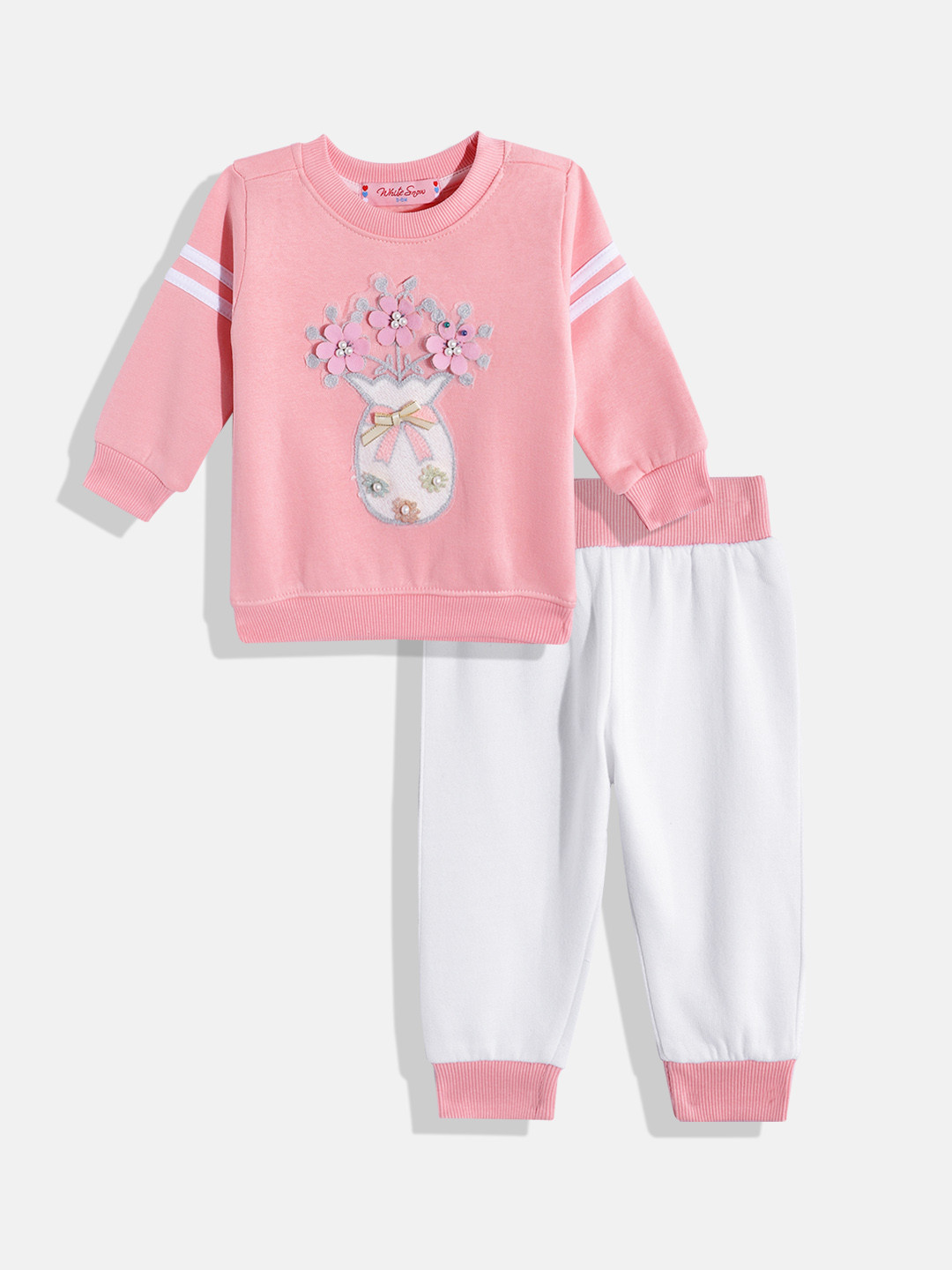 White Snow Girls Stone Embellished & Floral Embroidered Sweatshirt with Joggers
