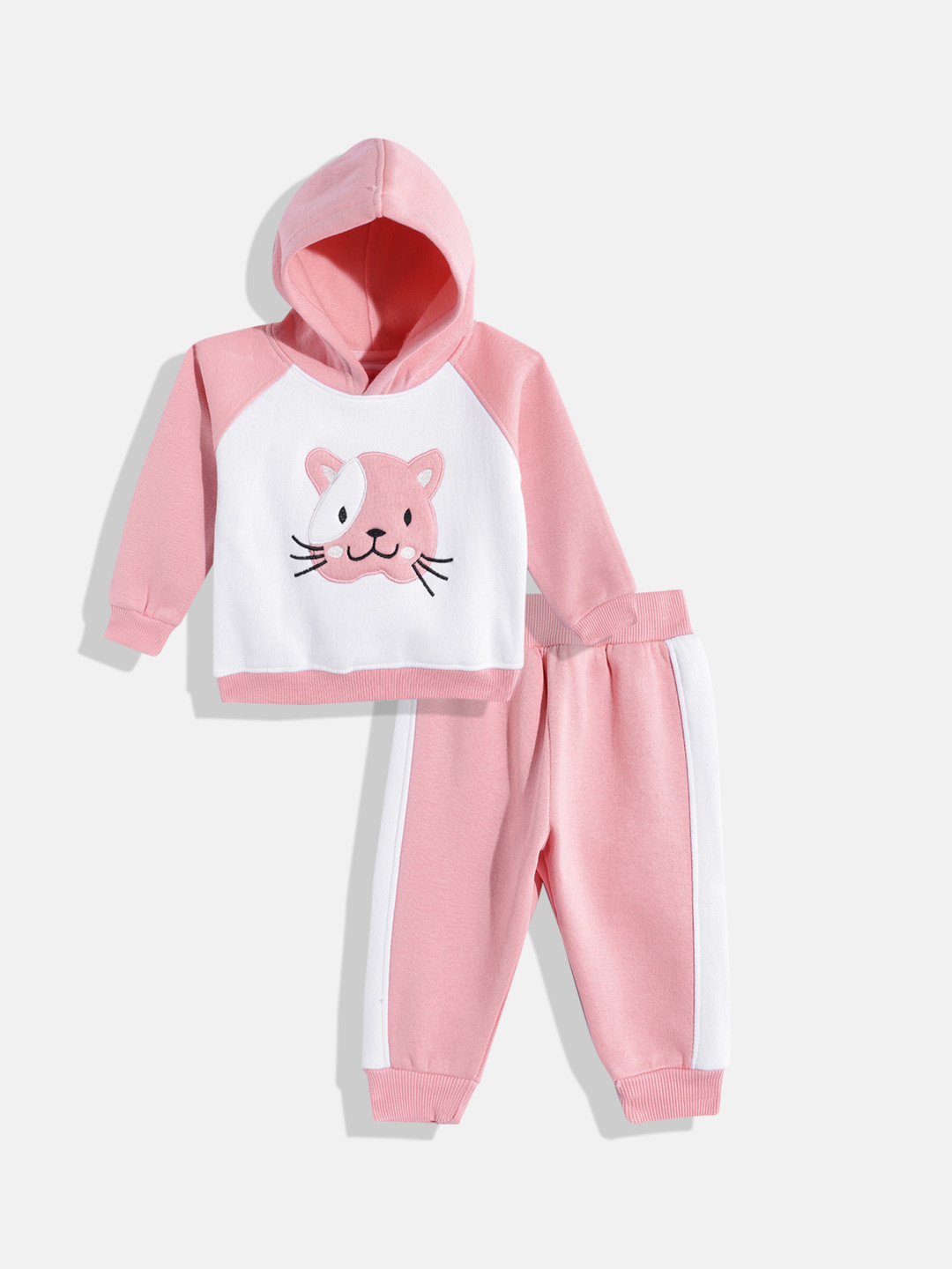 White Snow Girls Cat Face Embroidered Hooded Sweatshirt with Joggers