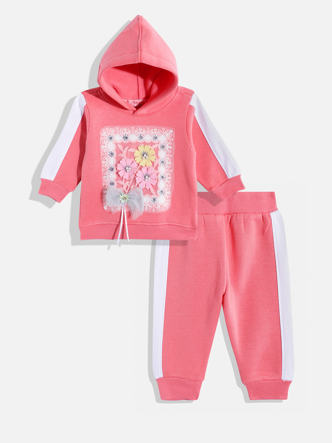 White Snow Girls Stone Embellished & Floral Embroidered Hooded Sweatshirt with Joggers