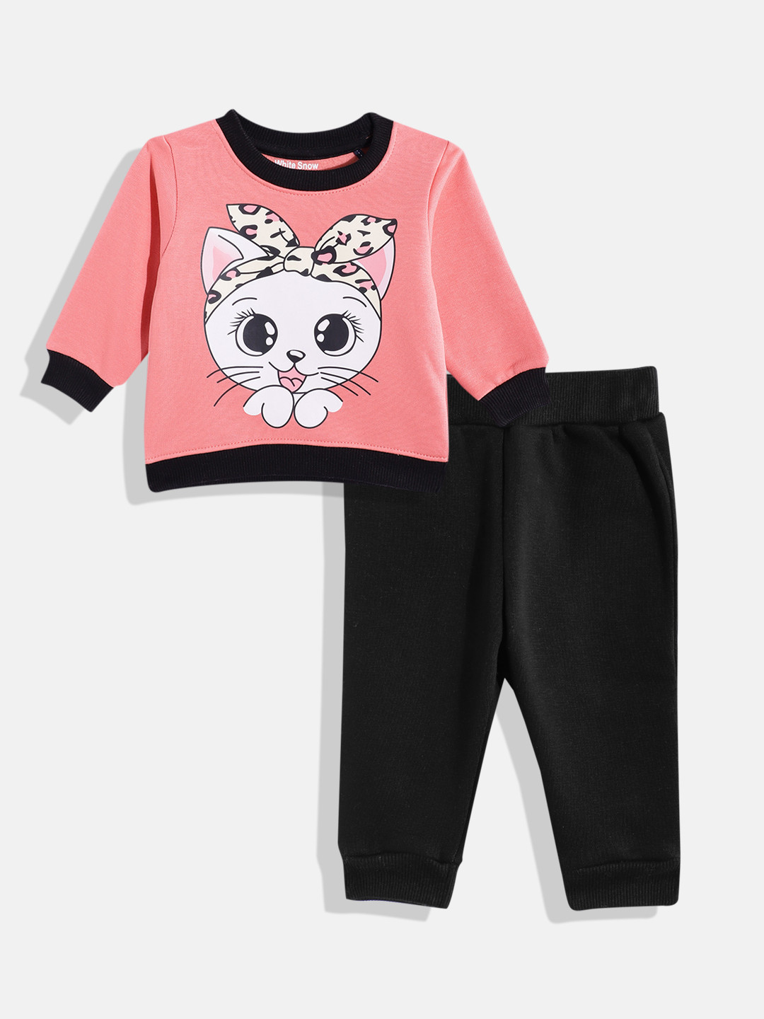White Snow Girls Graphic Printed Sweatshirt with Joggers