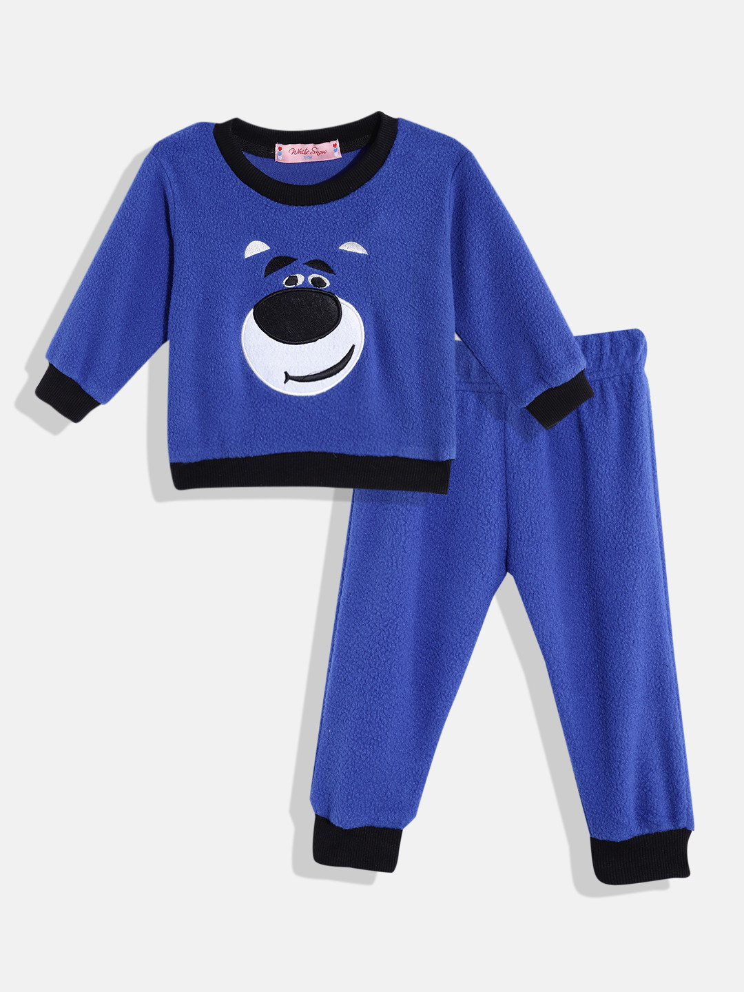 White Snow Kids Dog Face Applique Hooded Fleece Sweatshirt with Joggers