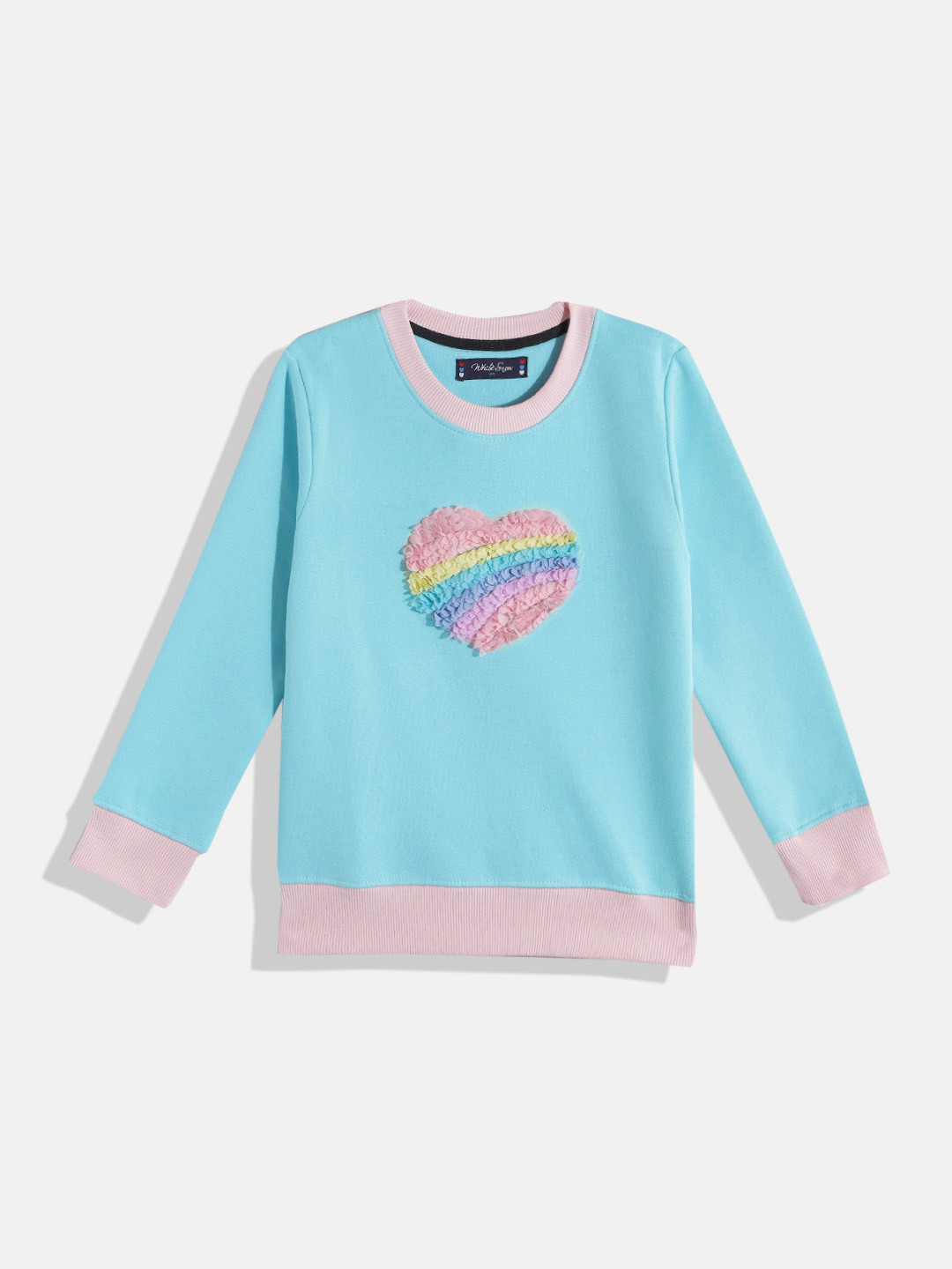 White Snow Girls Round Neck Self-Design Sweatshirt with Applique Detail