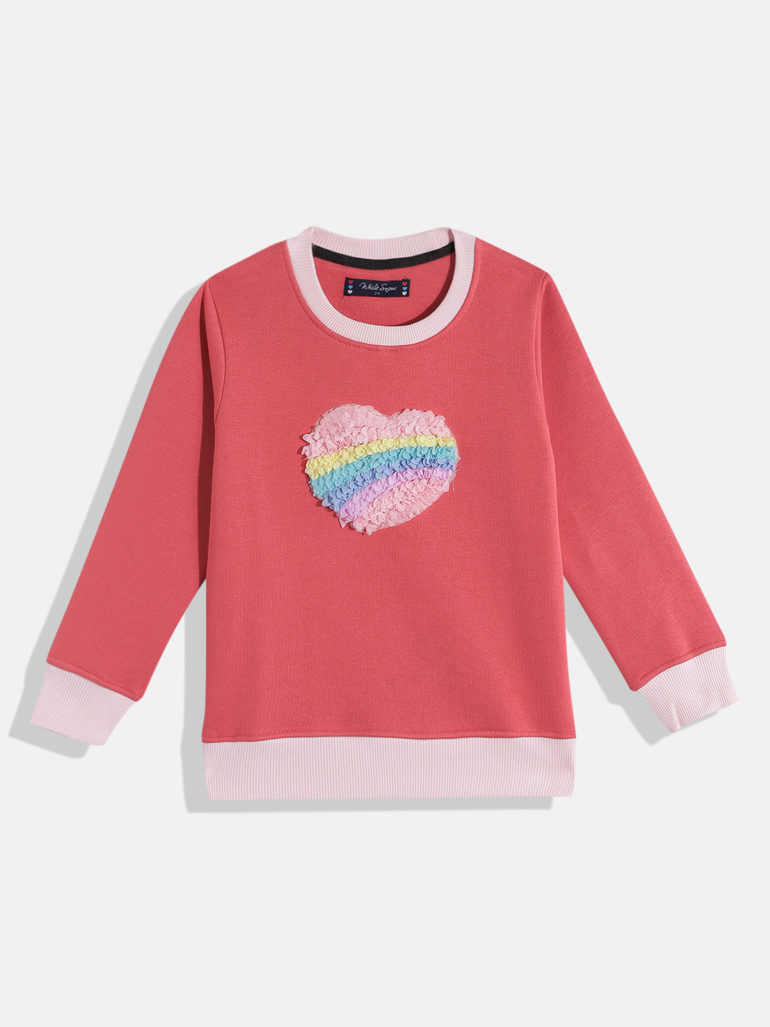 White Snow Girls Round Neck Self-Design Sweatshirt with Applique Detail