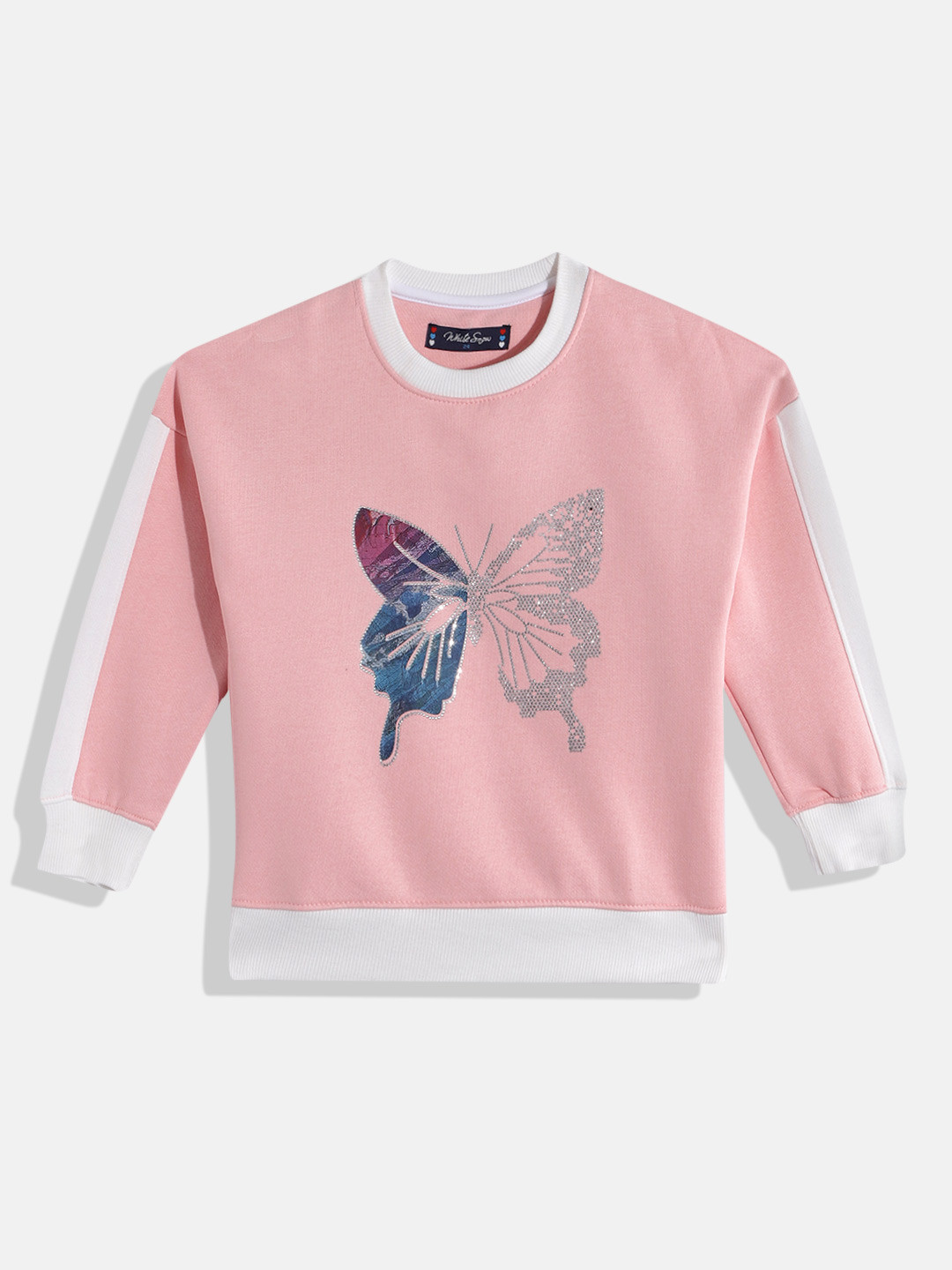 White Snow Girls Conversational Printed Round Neck Sweatshirt with Embellished Detail