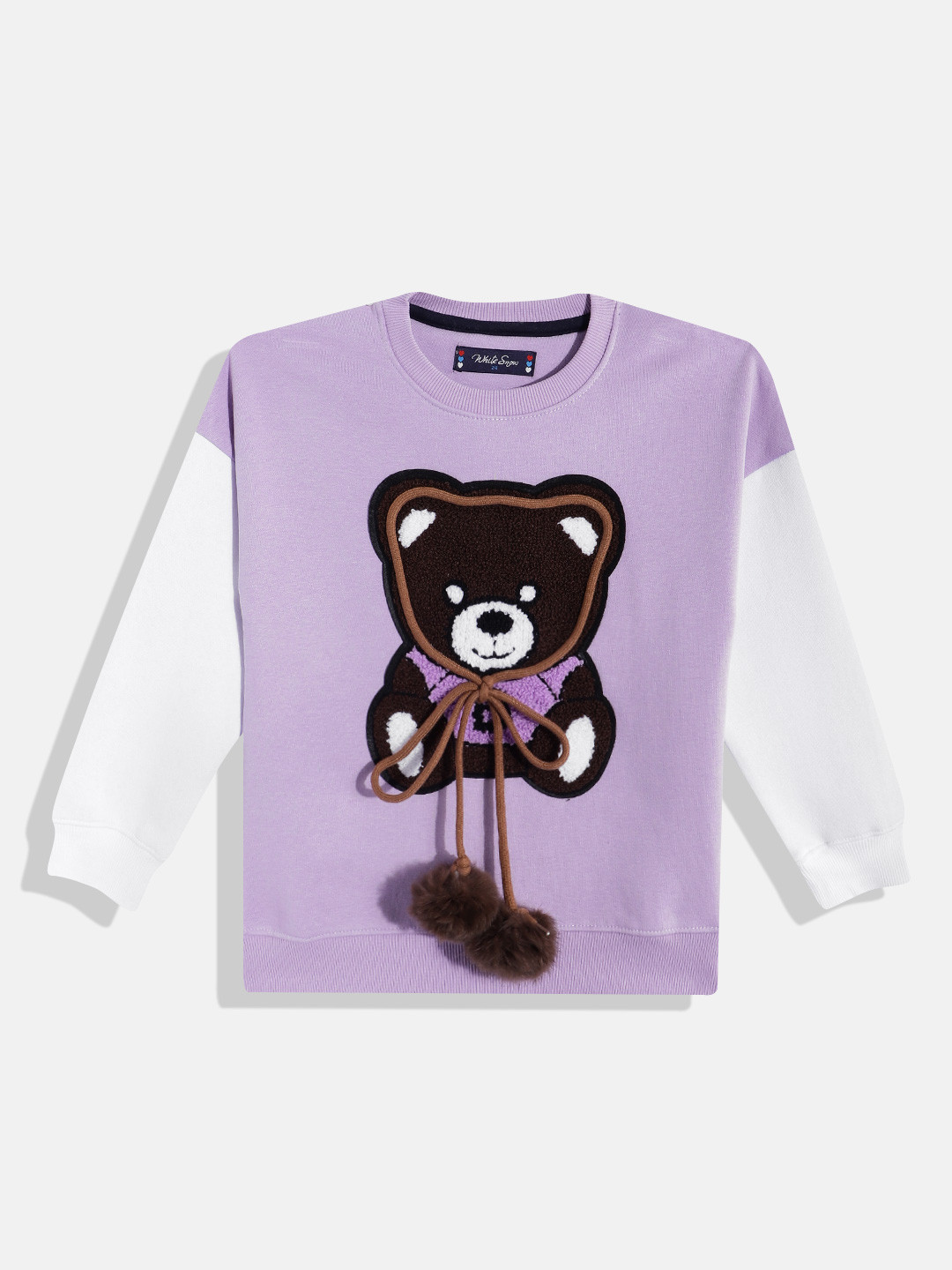 White Snow Girls Self Design Hooded Sweatshirt with Applique & Pom-Pom Detail