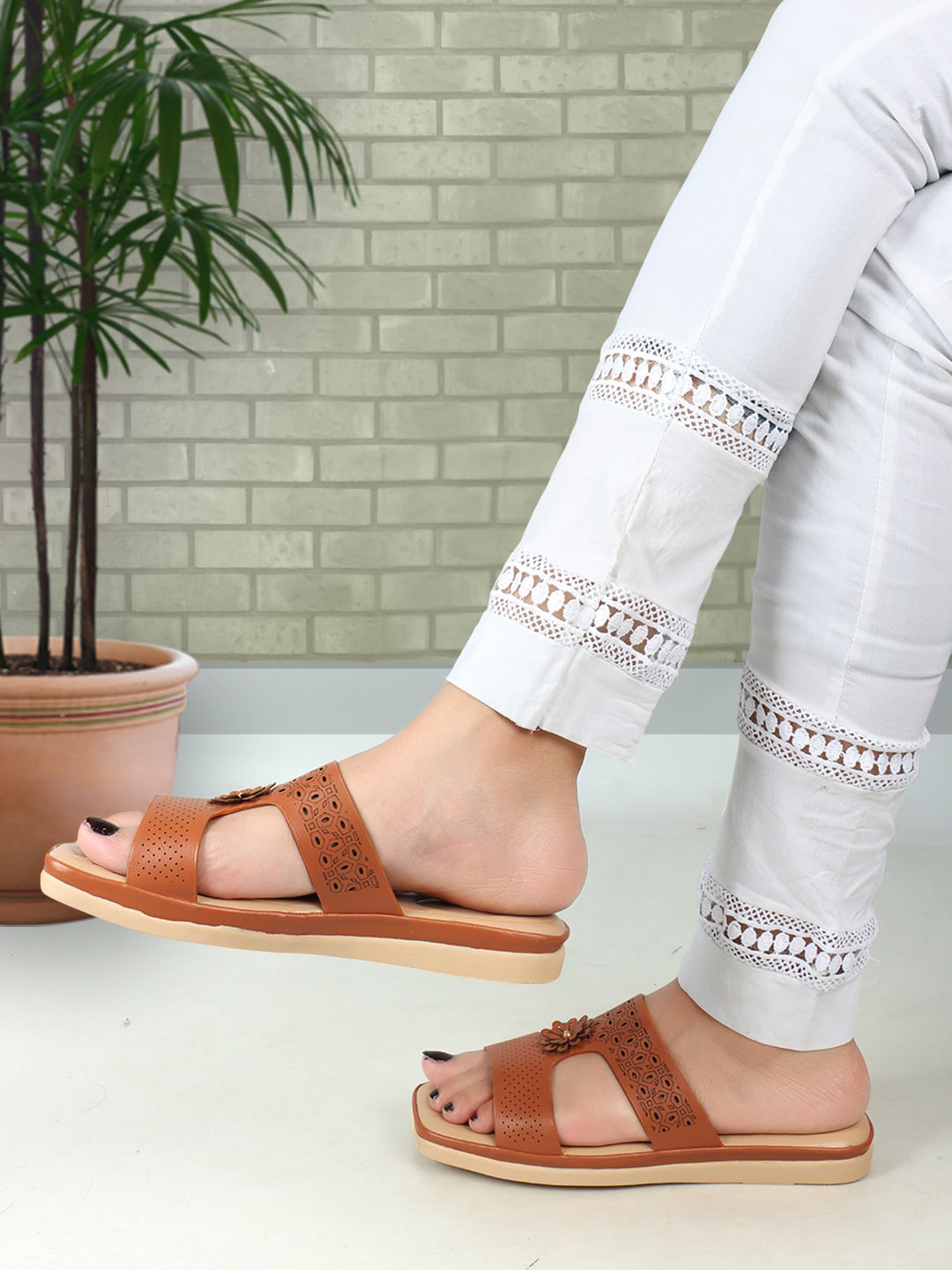 XE Looks Laser Cut Embellished Lightweight Open Toe Flats