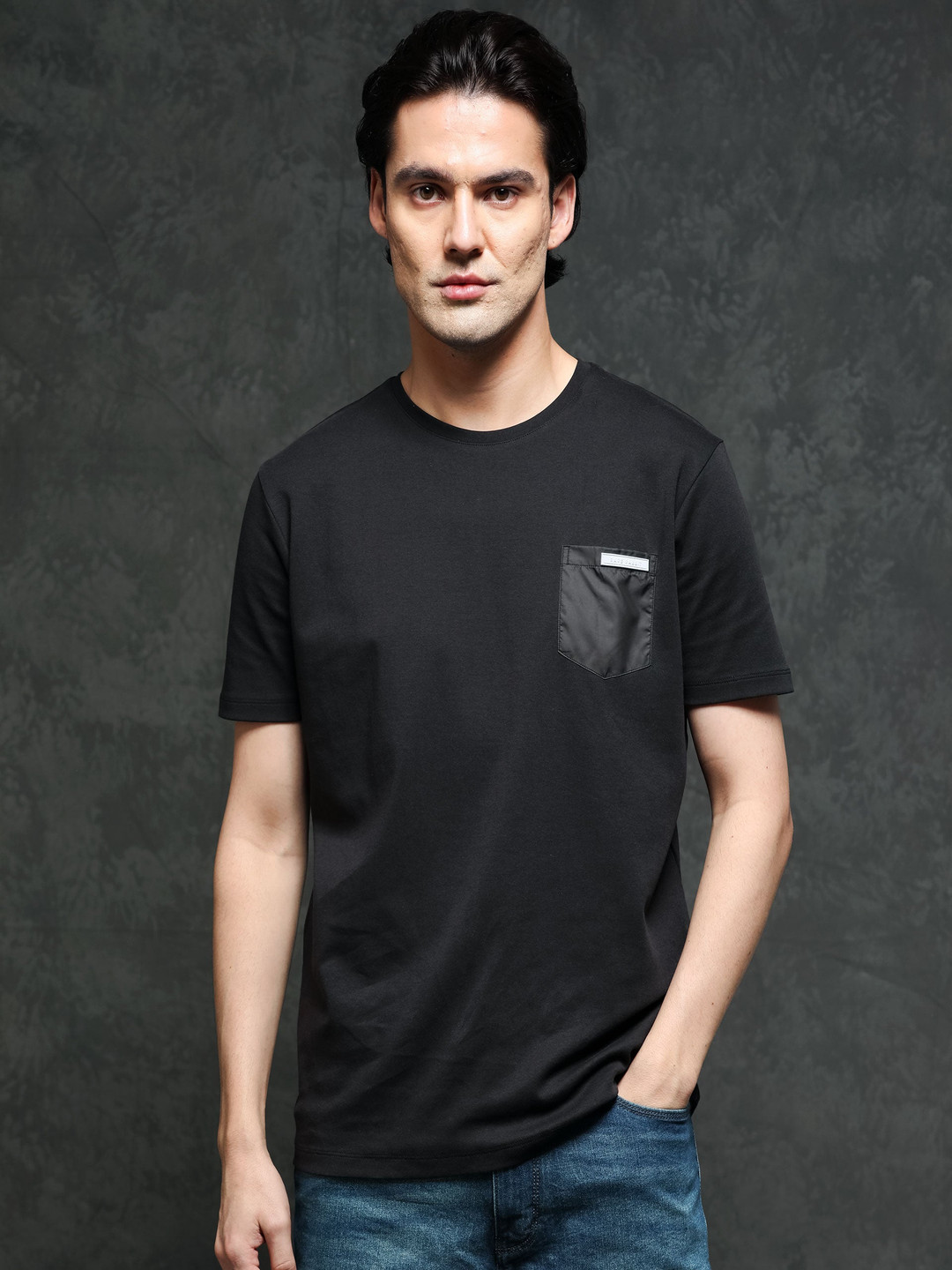 RARE RABBIT Men Azul Cotton Slim Fit T-Shirt