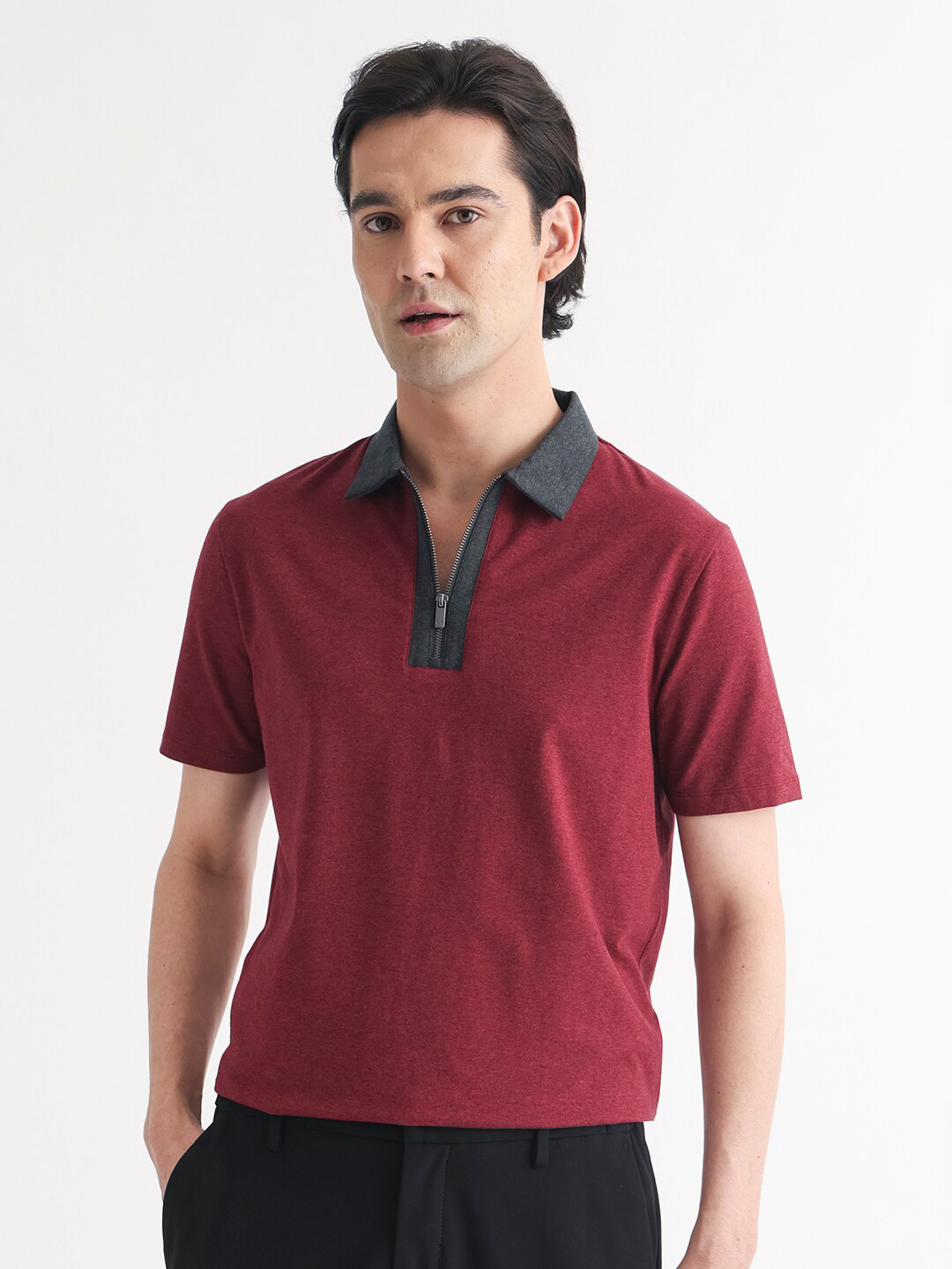 RARE RABBIT Men Panel Polo Collar Slim Fit Cotton T-Shirt