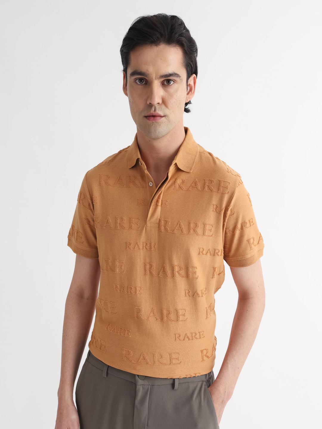 RARE RABBIT Men Gesset-1 Polo Collar Typography Printed Slim Fit Cotton T-Shirt