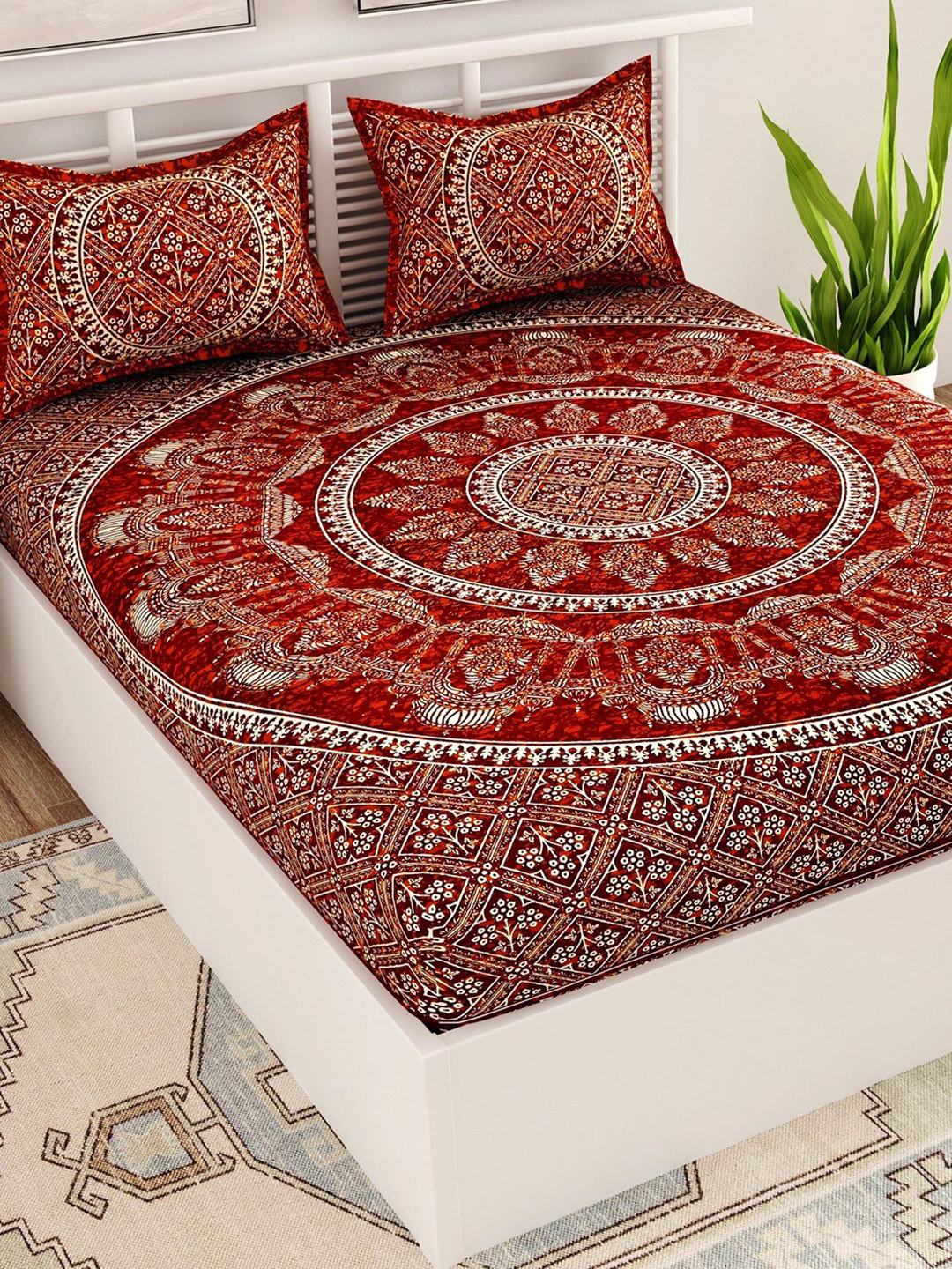 UNIQCHOICE Jaipur Maroon Ethnic Motifs Pure Cotton 120 TC Queen Bedsheet with 2 Pillow Covers-93 x 85 inches