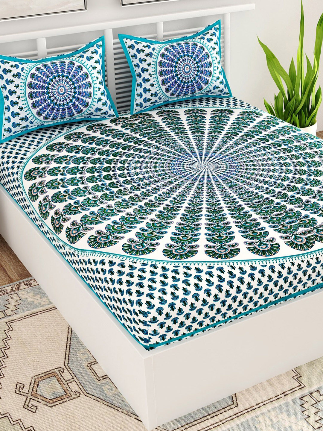 UNIQCHOICE Greenchakari Sea Green Ethnic Motifs Pure Cotton 120 TC Queen Bedsheet with 2 Pillow Covers-235 x 215 cm