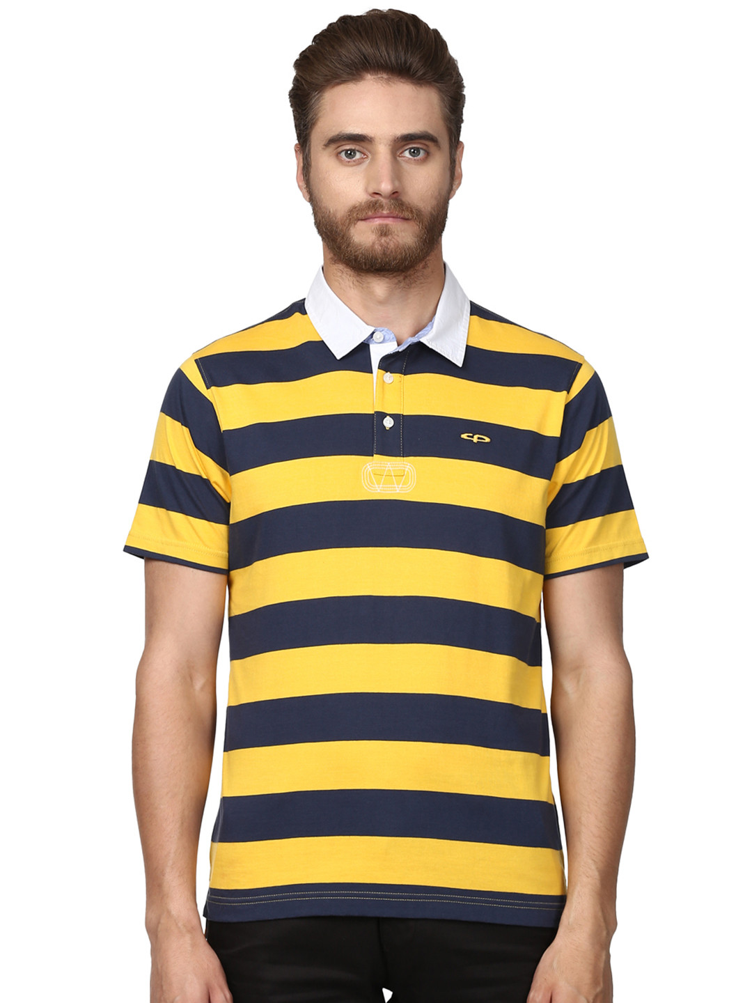 Yellow \u0026 Navy Blue Striped Polo Collar 