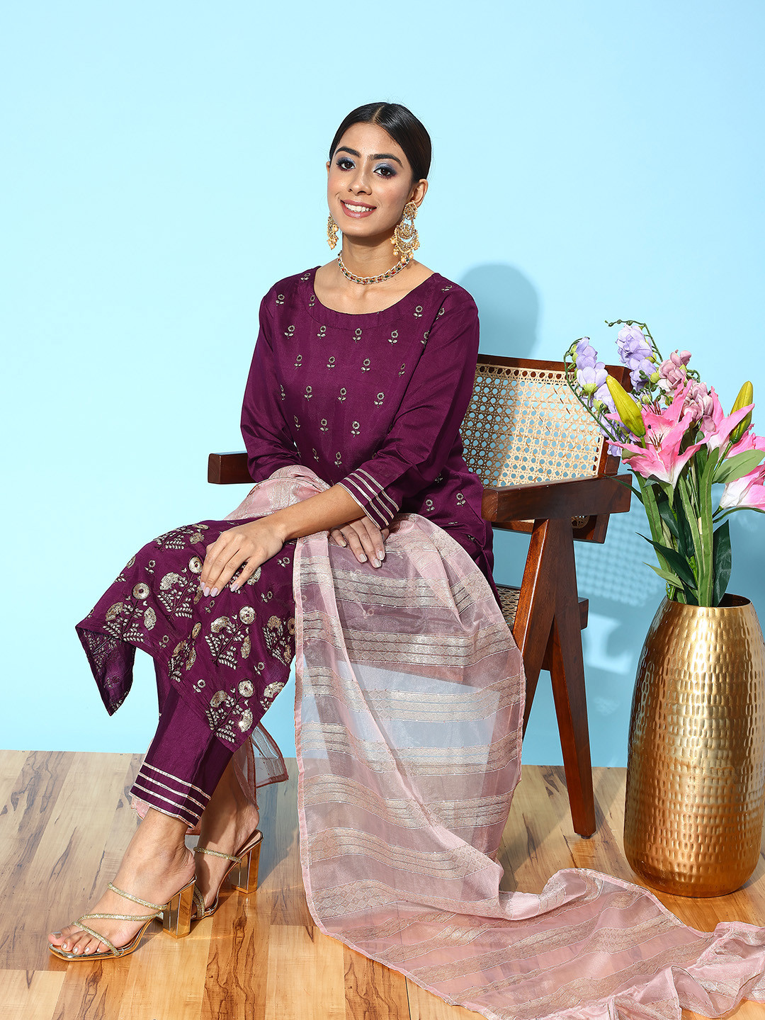 Indo Era Floral Embroidered Regular Sequinned Pure Cotton Kurta with Trousers & Dupatta
