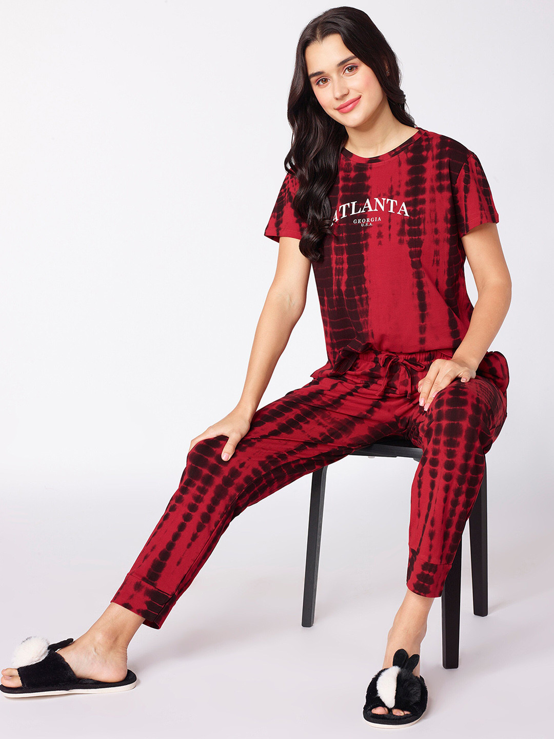 beebelle Red & Black Tie and Dye Pure Cotton Night suit