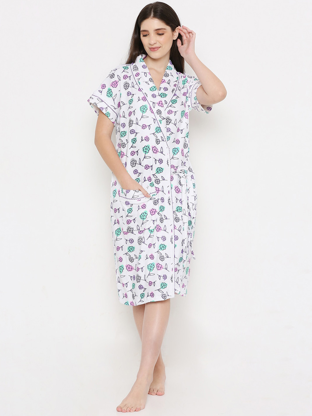 Sand Dune White Floral Cotton Drawstring Knee Length Bath Robe-M