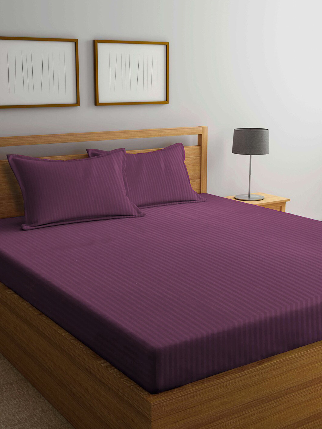 KLOTTHE Magenta Striped Cotton 300 TC King Fine Bedsheet with 2 Pillow Covers-98 x 87 inches