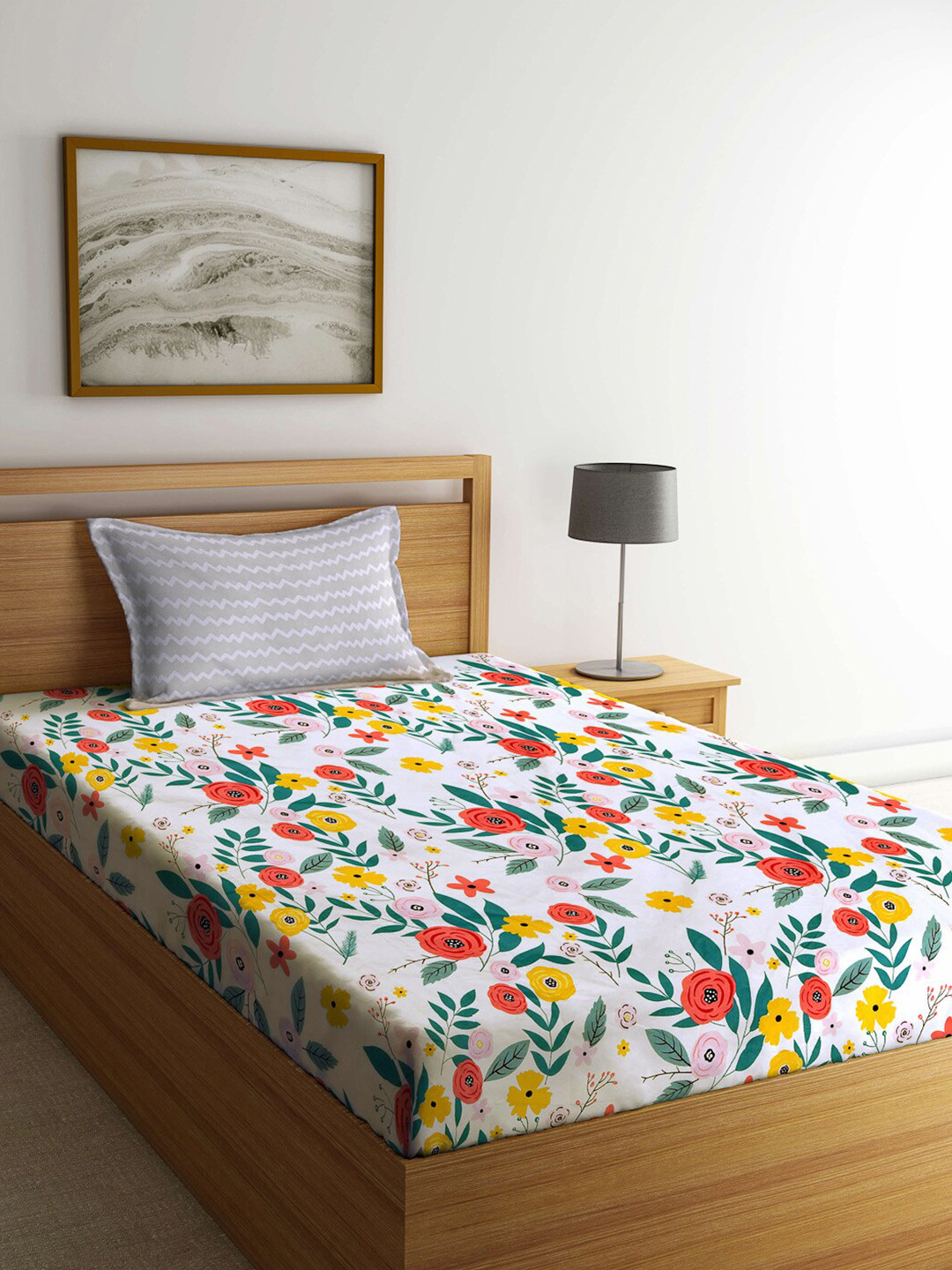 KLOTTHE Epigram White Floral Polycotton 300 TC Single Fine Bedsheet with a Pillow Cover-89 x 59 inches