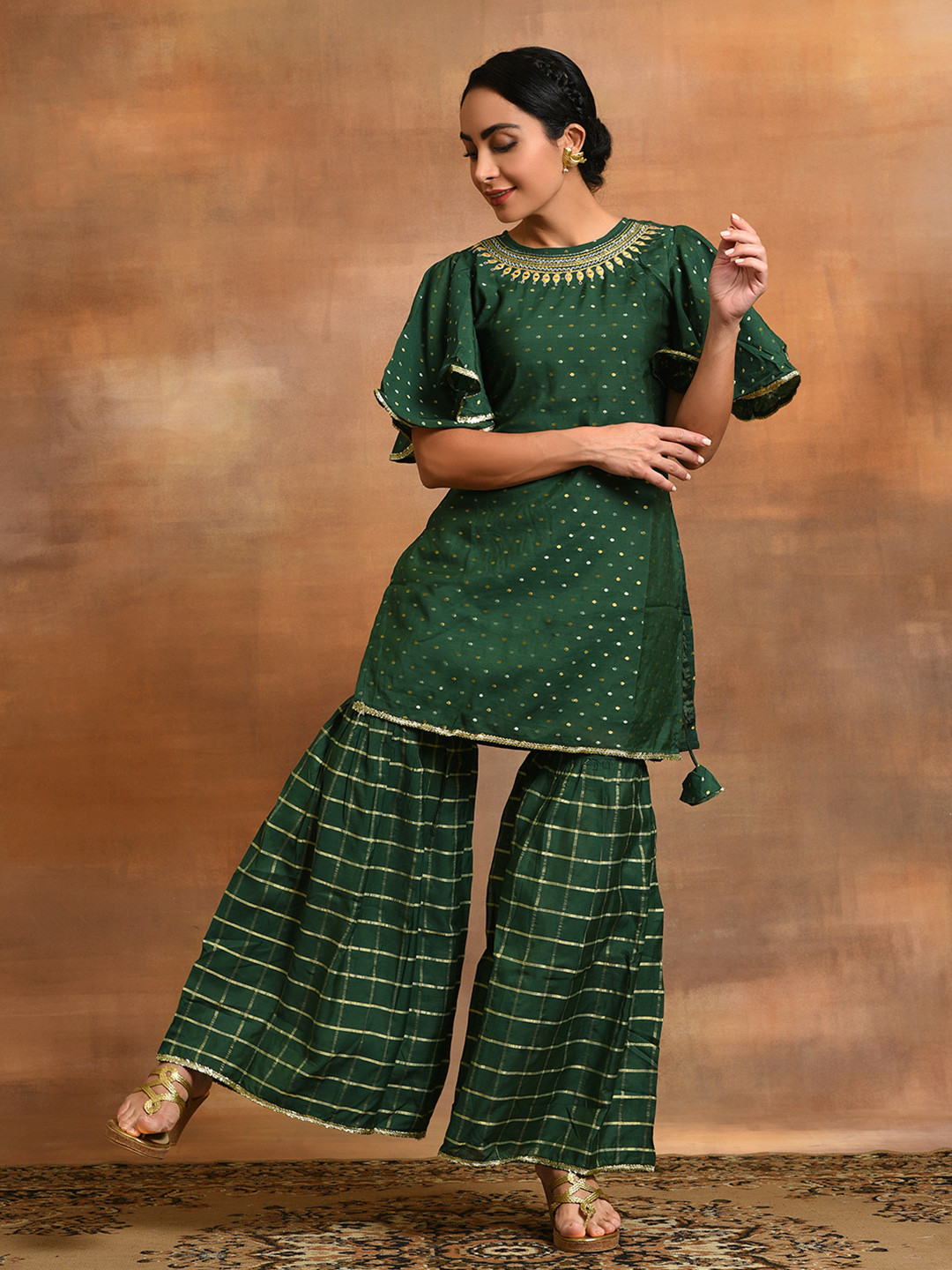 AKS Couture Embroidered Chanderi Silk Straight Kurta With Sharara