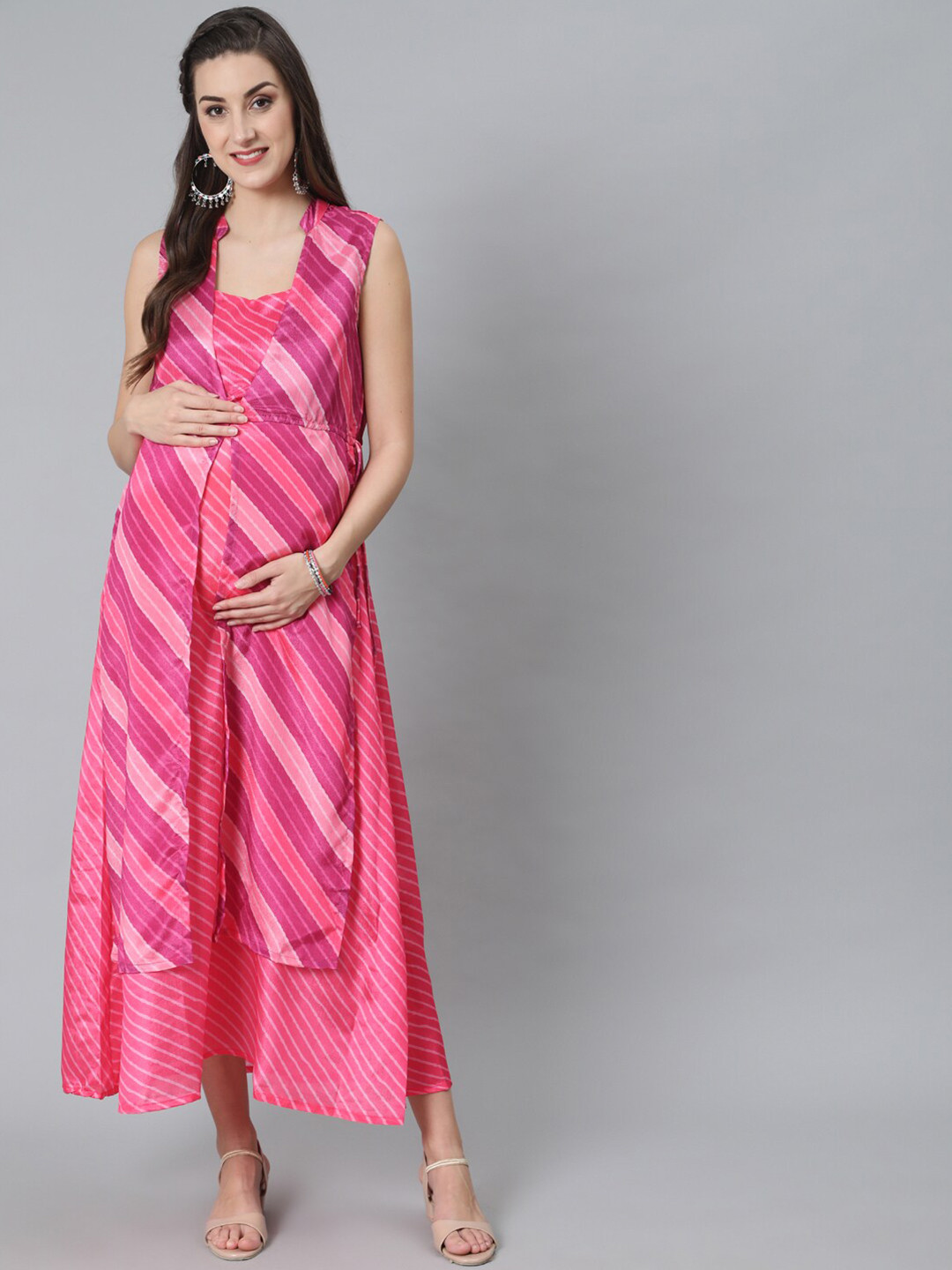 AKS Striped Mandarin Collar Silk Maternity Maxi Dress