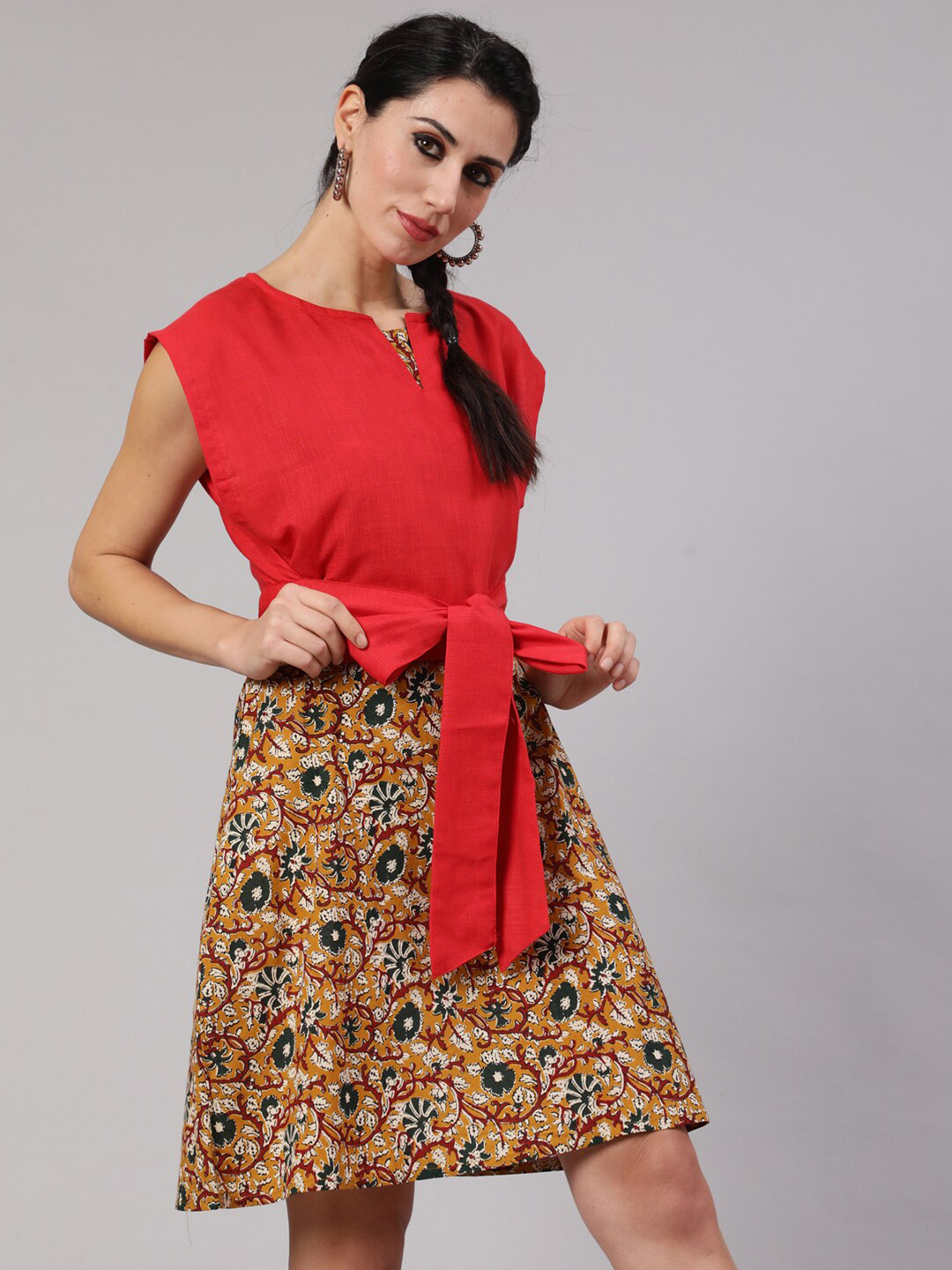 AKS Floral Printed Cotton A-Line Dress And Tie-Up Top