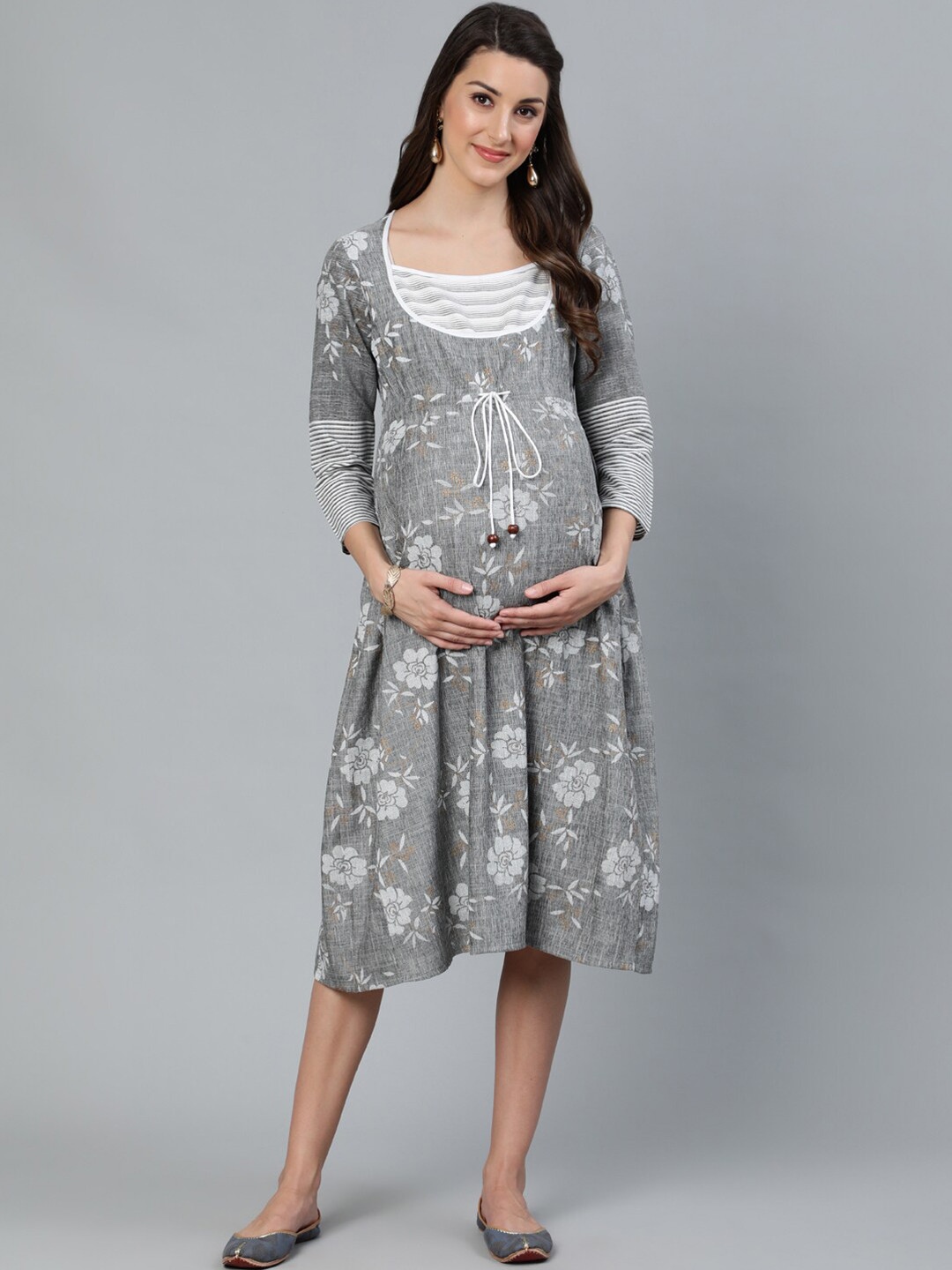 AKS Square Neck Floral Printed Maternity Tie-Ups A-Line Cotton Midi Dress
