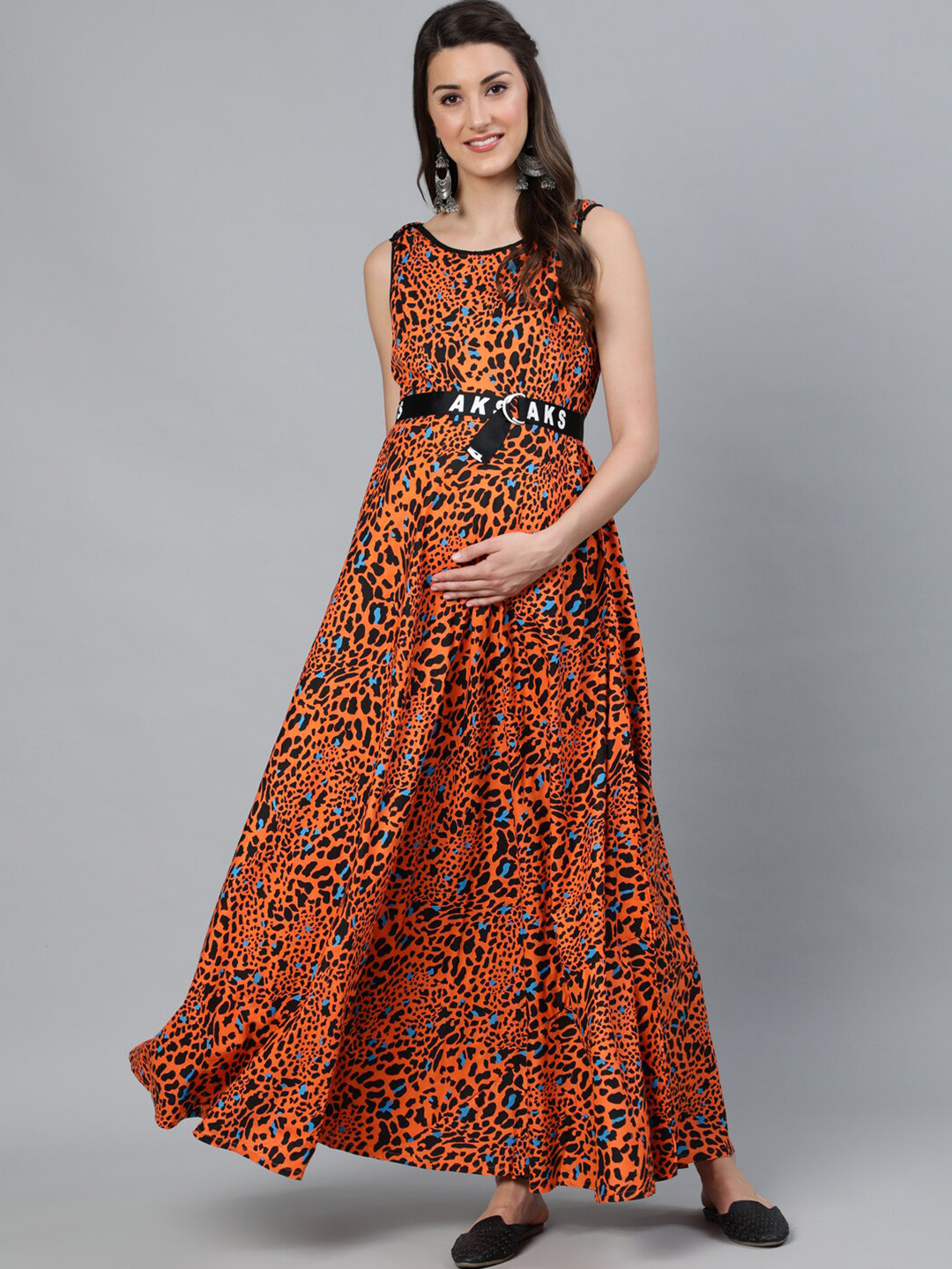 AKS Round Neck Animal Printed Maternity Belted A-Line Maxi Dress