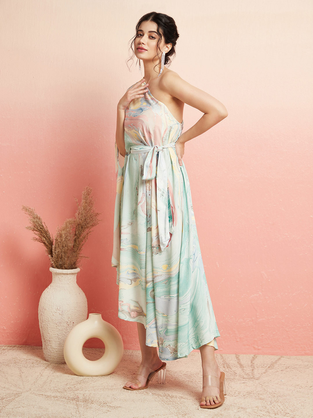 AKS One Shoulder Neck Abstract Printed Asymetric Tie-Ups A-Line Midi Dress