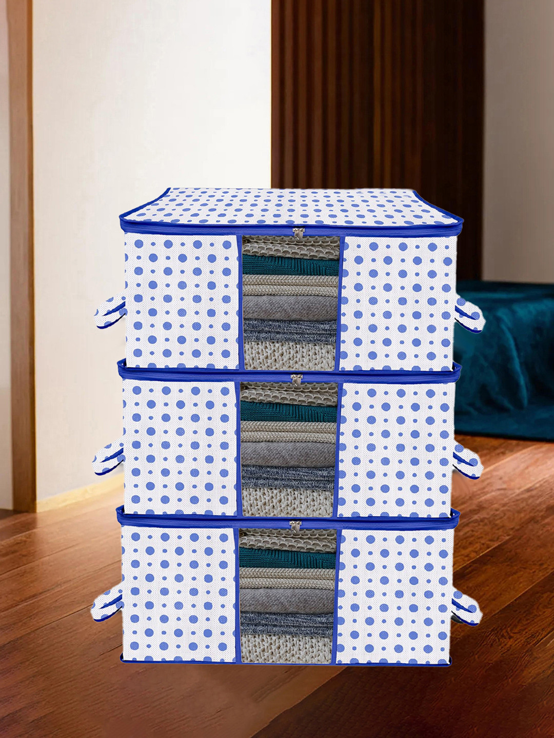 Kuber Industries White & Blue 3 Pieces Printed Storage Bags