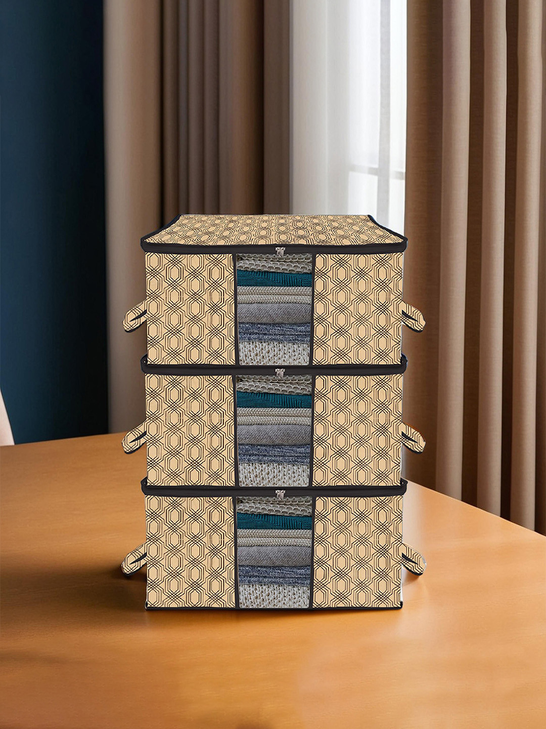 Kuber Industries Cream-Colored & Black 3 Pieces Printed Large Underbed Storage Bag