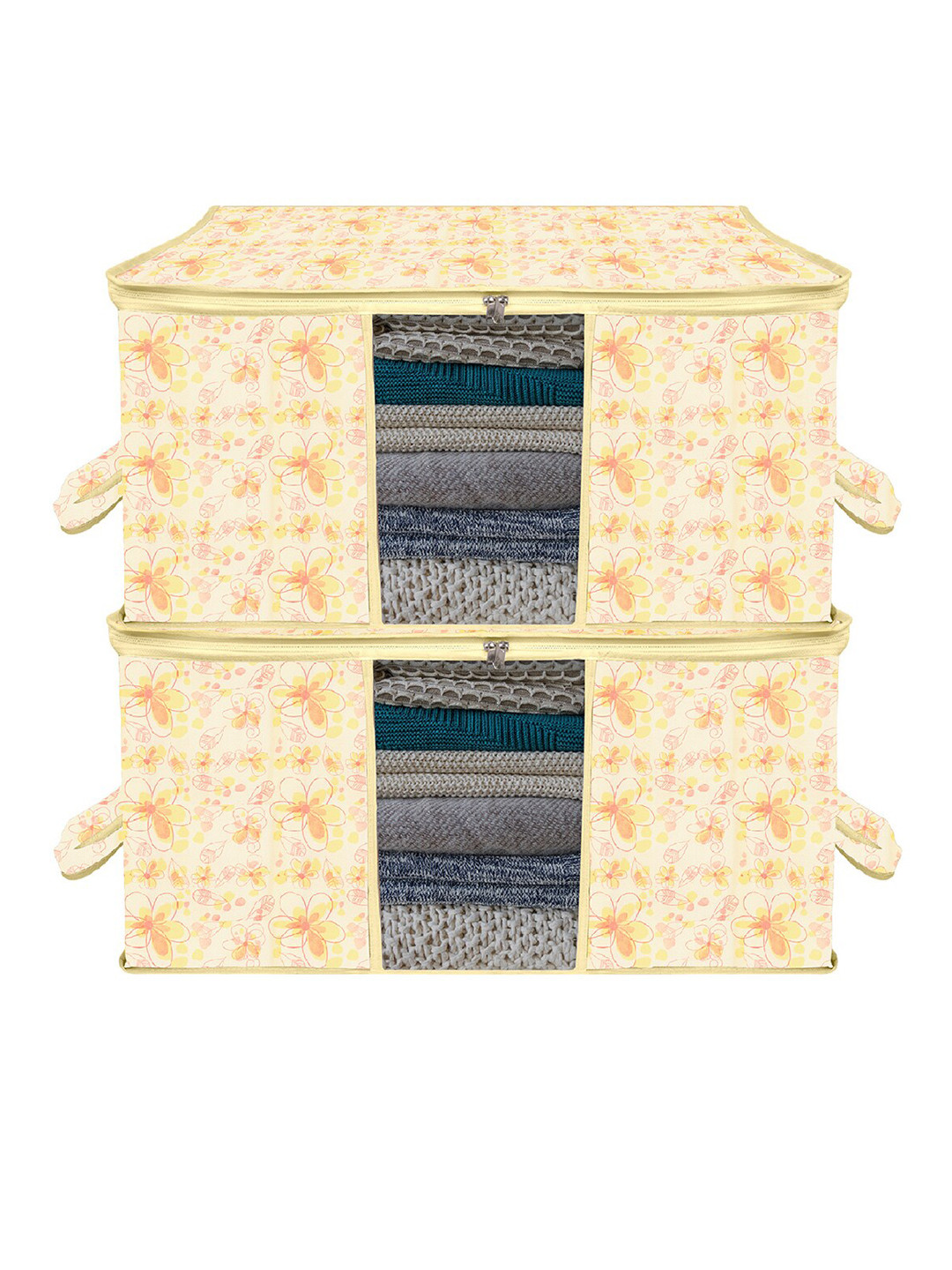 Kuber Industries Yellow 2 Pieces Ivory Printed Underbed Storage Bag