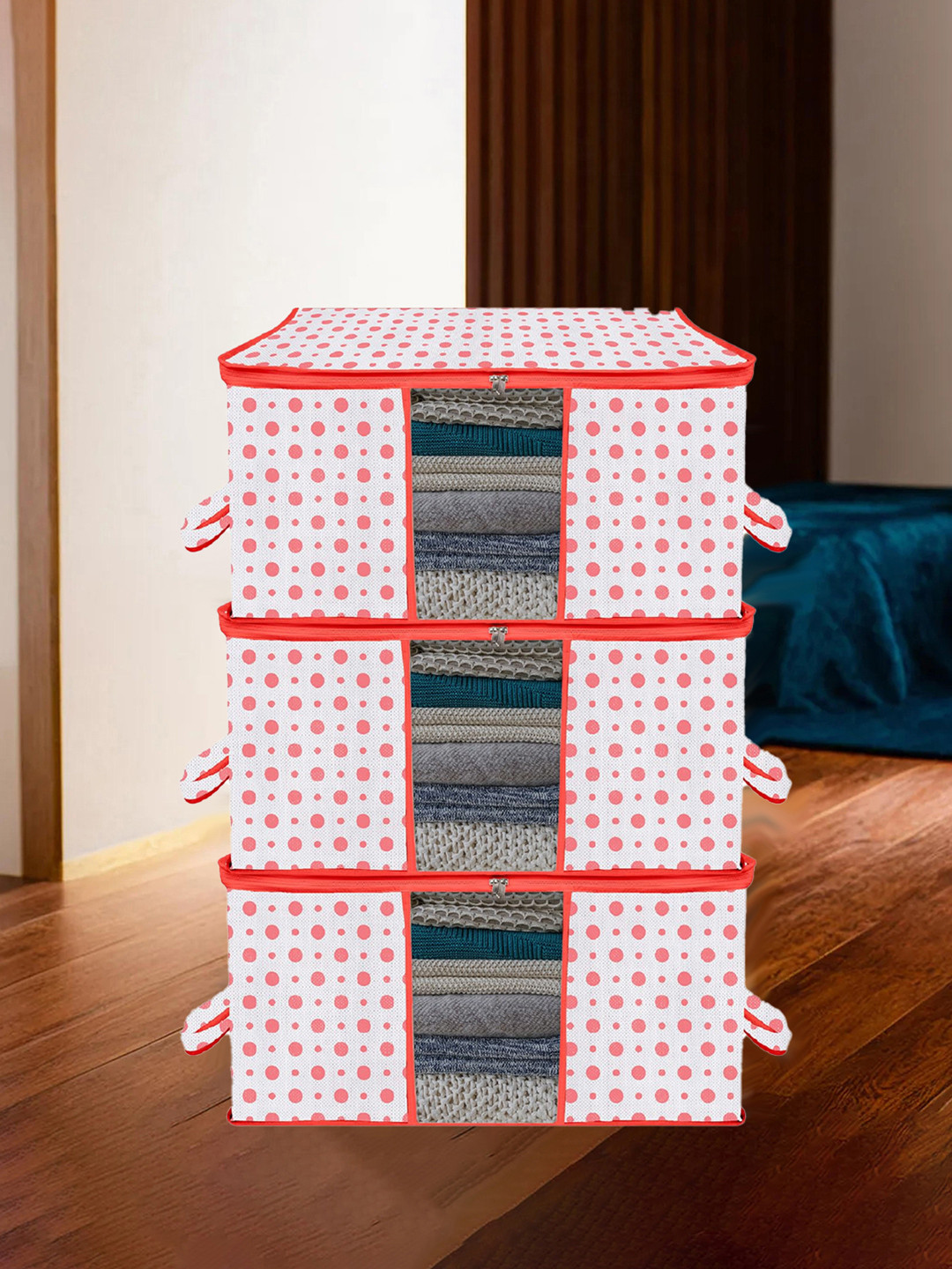 Kuber Industries Red & White 3 Pieces Printed Underbed Storage Bag Organisers