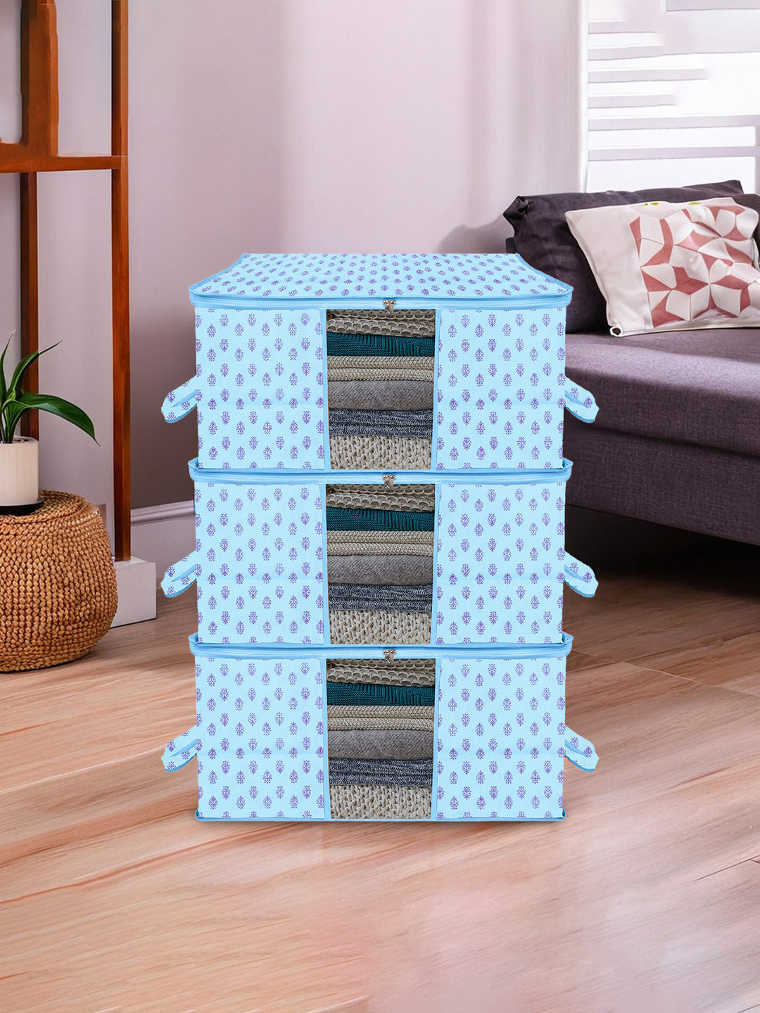 Kuber Industries Blue 3 Pieces Printed Storage Organisers