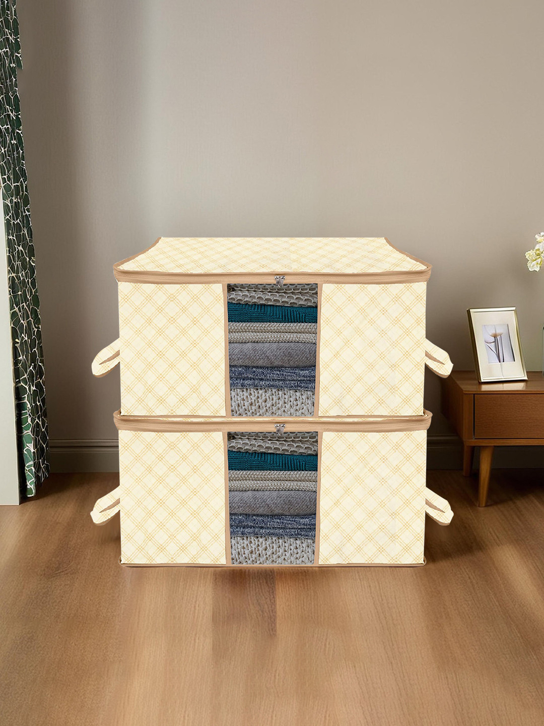 Kuber Industries Ivory 2 Pieces Printed Underbed Storage Bag Organisers