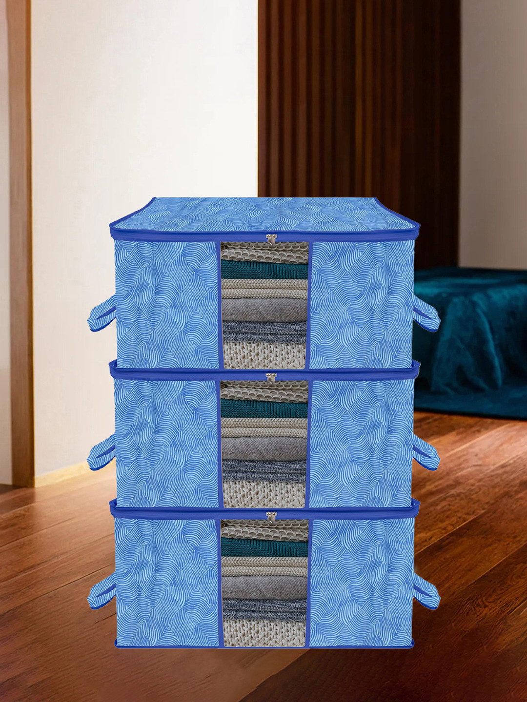 Kuber Industries 3-Pcs Blue Printed Large Underbed Storage Bag