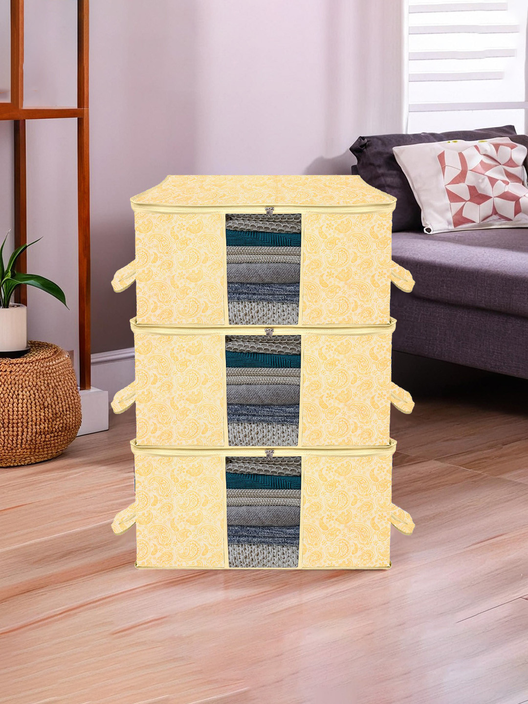 Kuber Industries 3 Pcs Cream-Coloured Printed Underbed Storage Bag Organisers