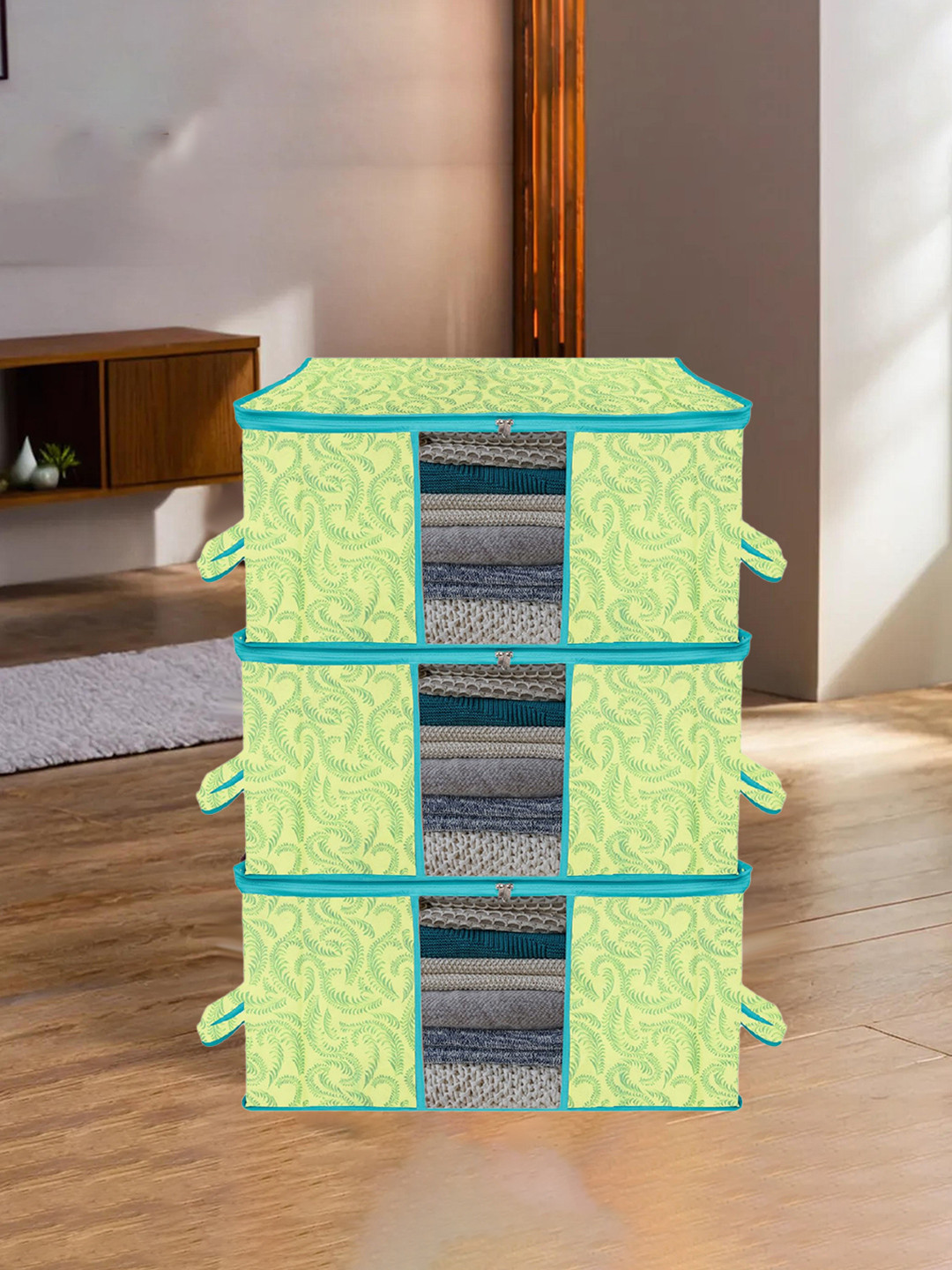 Kuber Industries 3-Pcs Green Printed Large Underbed Storage Bag