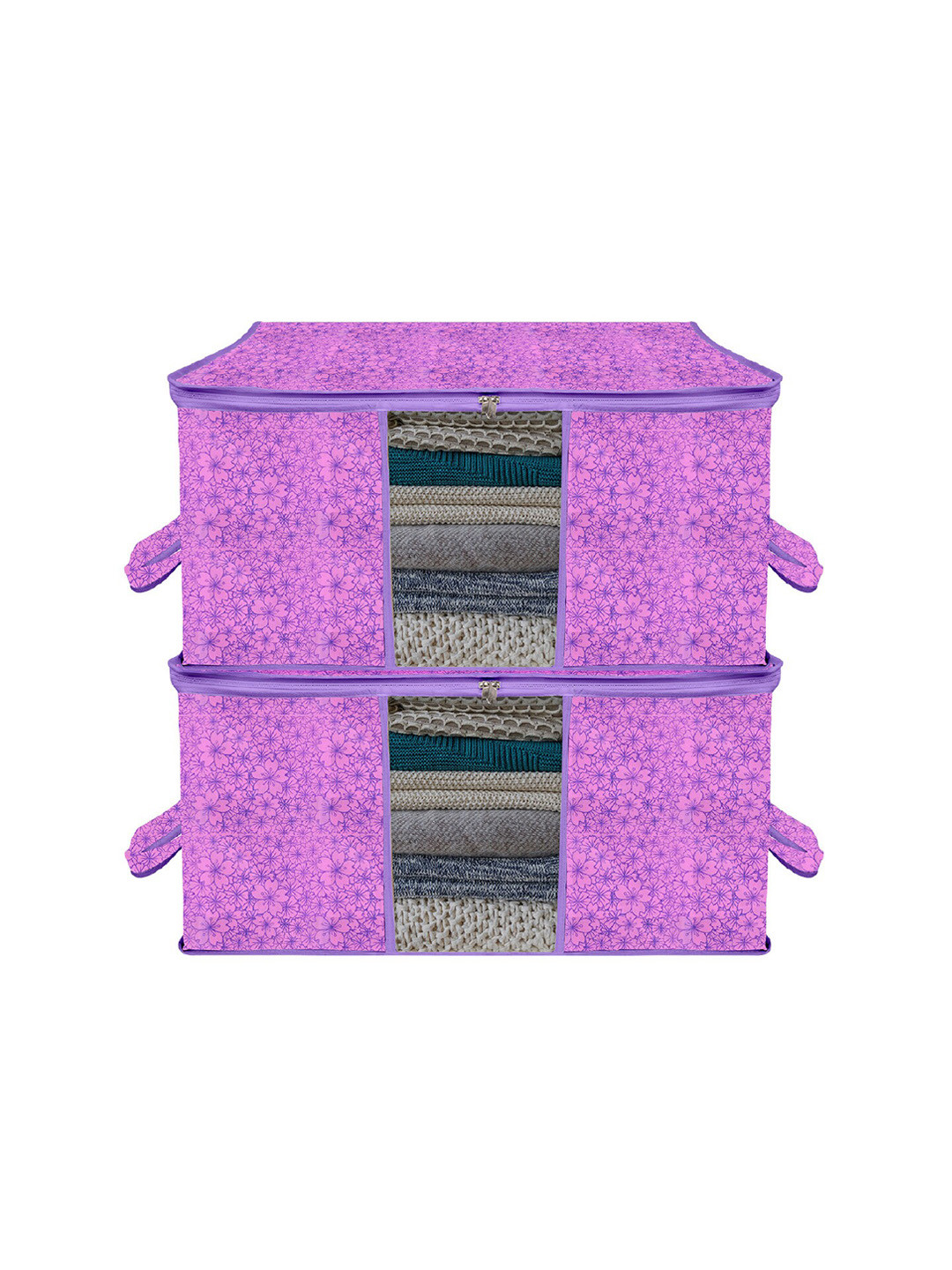 Kuber Industries 2-Pcs Pink & Purple Printed Underbed Storage Bag