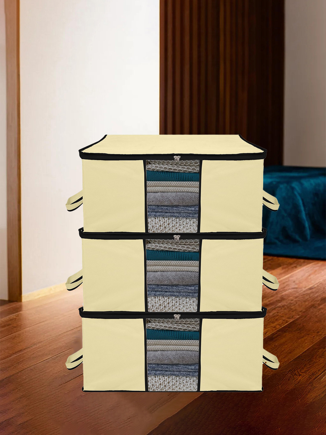 Kuber Industries Cream 3 Pieces Underbed Storage Bag Organisers