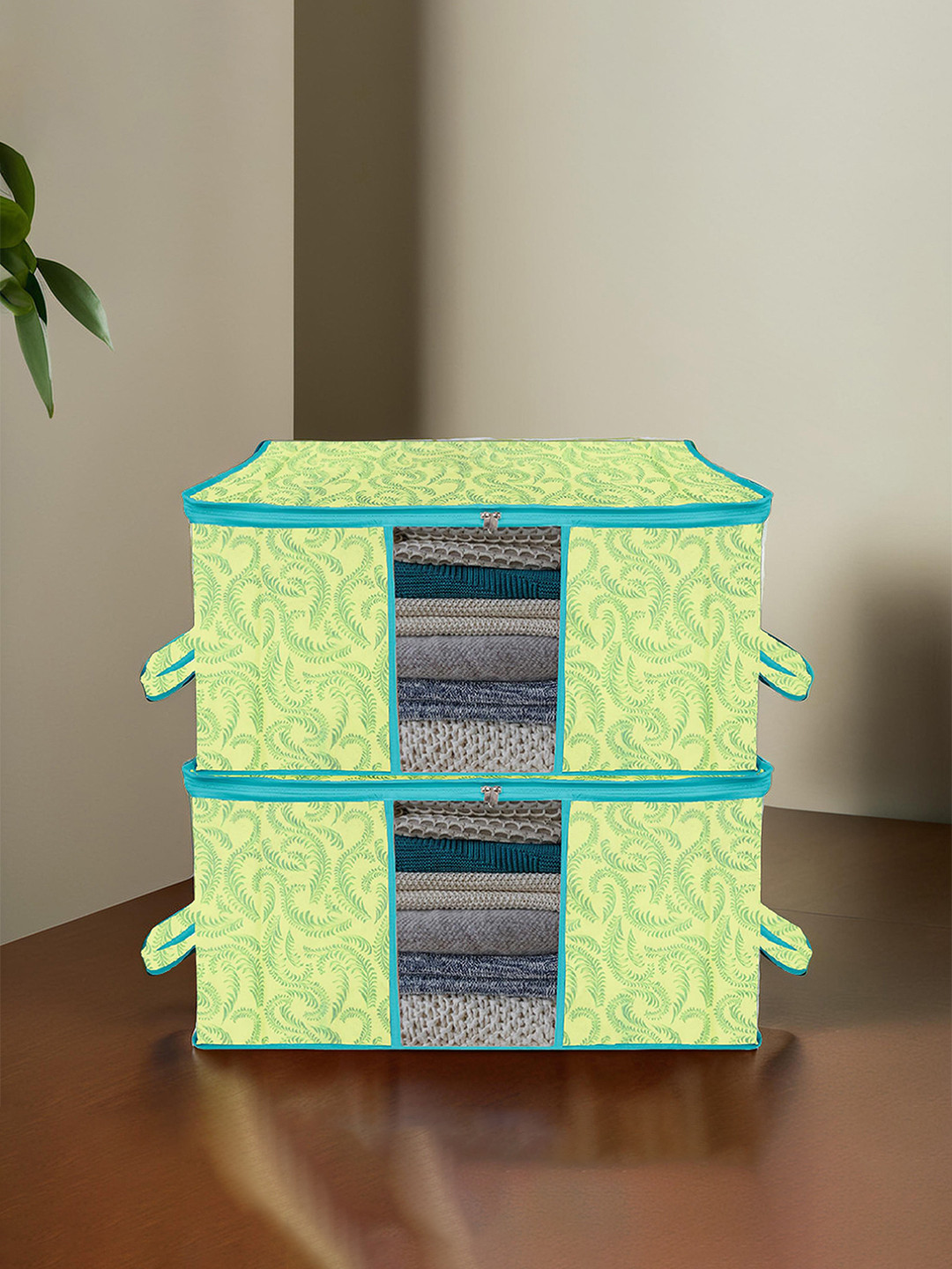 Kuber Industries 2-Pcs Green Printed Large Underbed Storage Bag