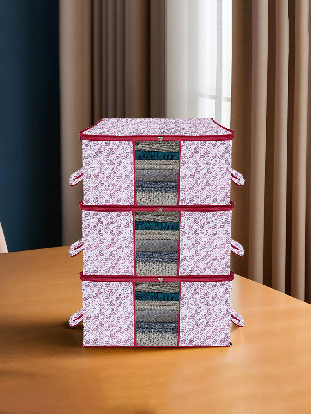 Kuber Industries White & Maroon 3 Pieces Printed Storage Organisers