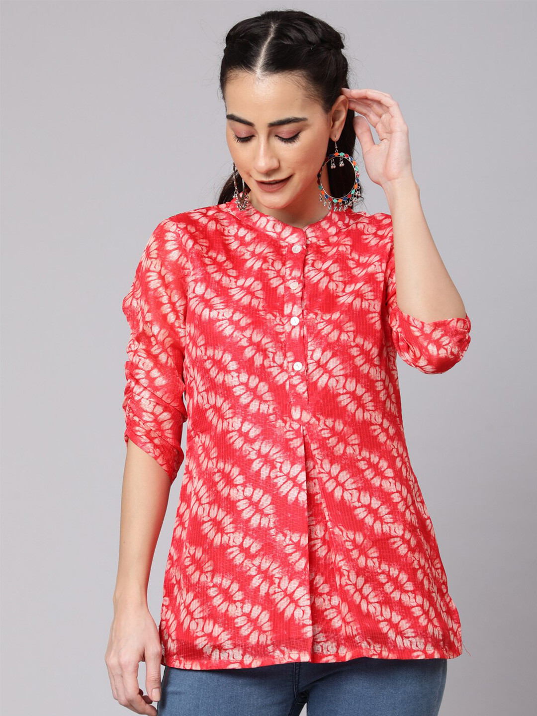 AKS Mandarin Collar Floral Printed Top