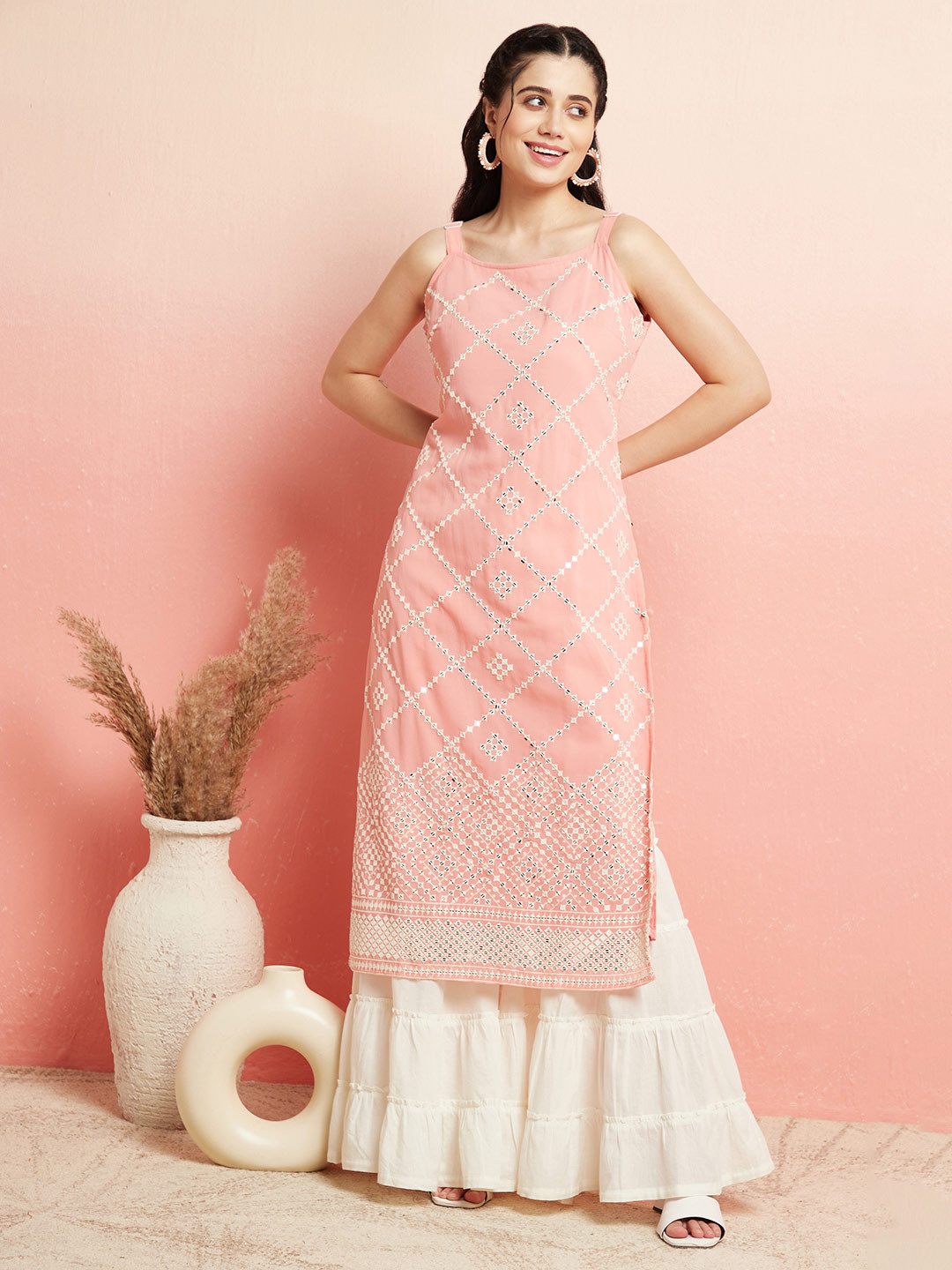 AKS Geometric Mirror Work Straight Kurta