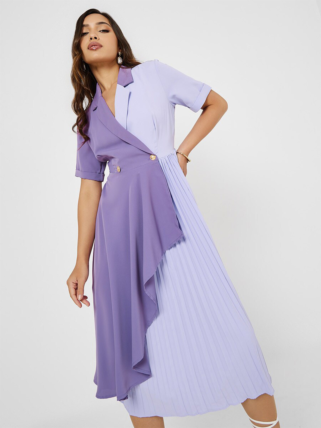 Styli Purple Shirt Collar Pleated Wrap Midi Dress