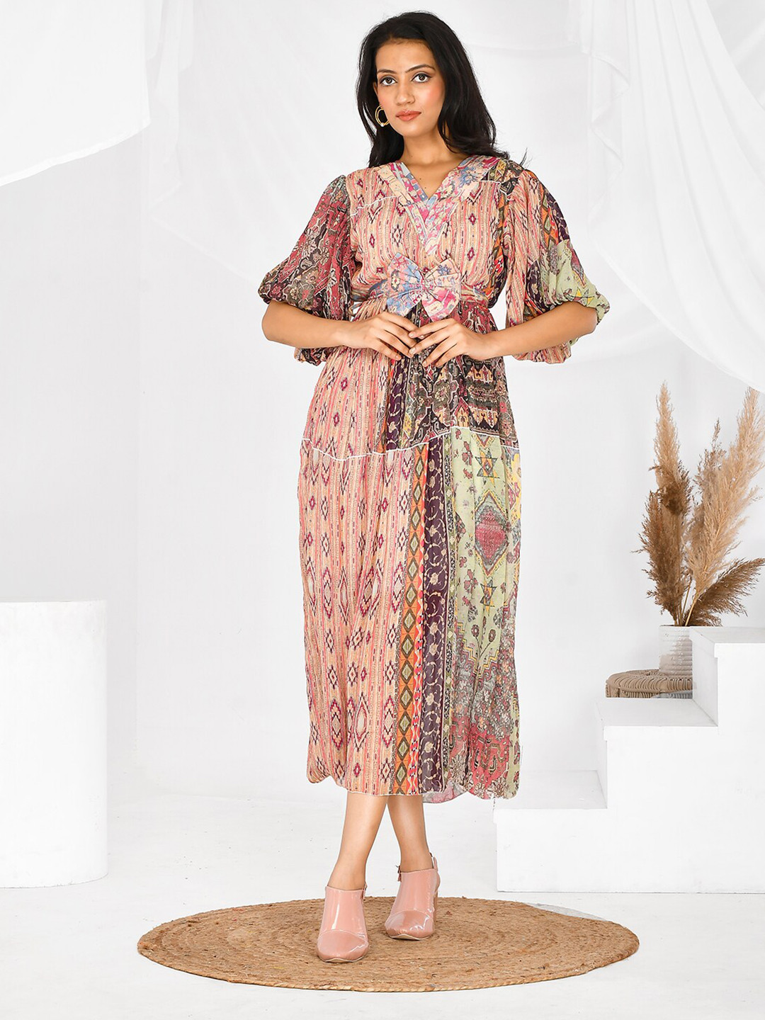 BAESD Ethnic Motif Printed Puff Sleeve Belted Georgette A-Line Midi Dress